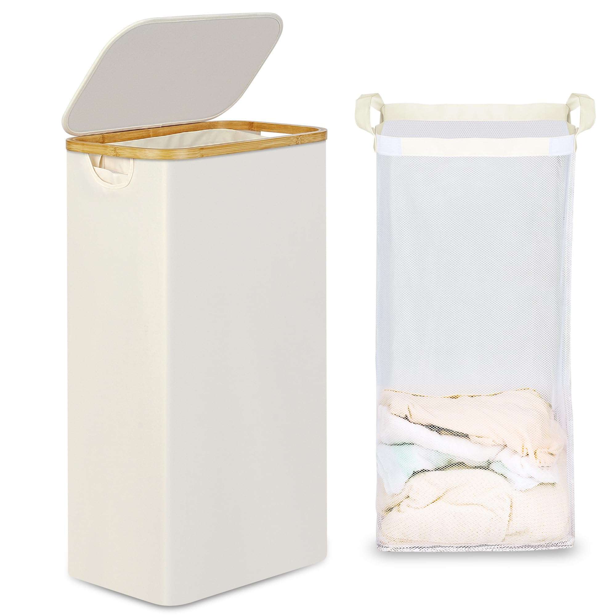 efluky Slim Laundry Basket with Lid, Narrow Laundry Hamper with Removable Bag, Skinny Dirty Clothes Basket with Bamboo Handles for Bathroom, Bedroom & Laundry Room, 75L Beige - Image 1