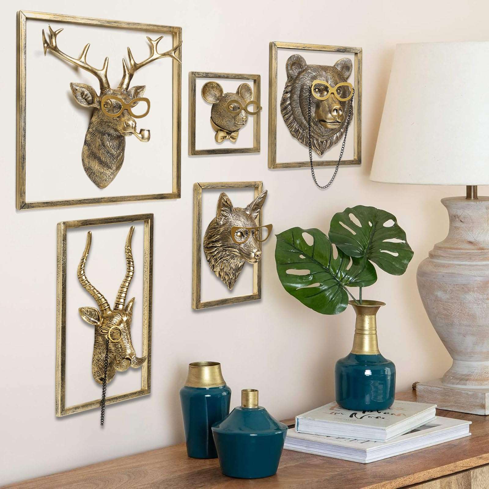Animal Heads Wall Decor (5pcs, Includes Metal Frame) Resin Animals Sculptures Head Wall Hanging Decoration Gold vintage Wall Sculpture for Living Room Bedroom Office - Image 4