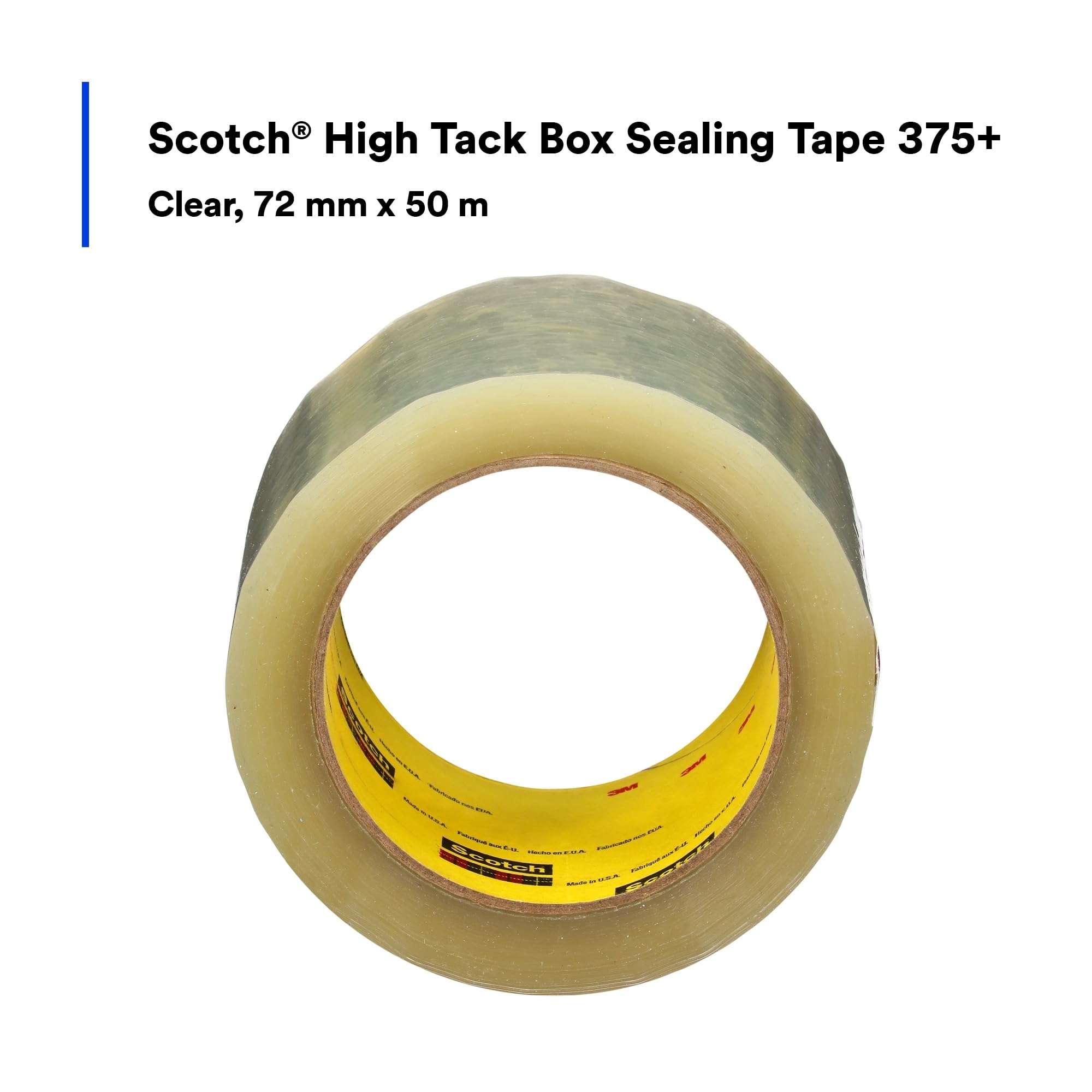 3M Scotch High Tack Box Sealing Tape 375+, Film Backing with Synthetic Rubber Adhesive, Clear Color, 72 mm x 50 m, 24/Case - Image 2