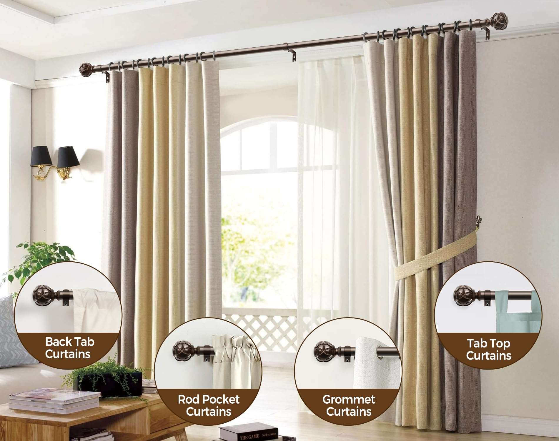 KAMANINA Curtain Rods for Windows 72 to 144 Inches (6-12ft) Long Heavy Duty Curtain Rod, 7/8 Inch Adjustable Decorative Drapery Rods with Netted Texture Finials, Bronze - Image 6