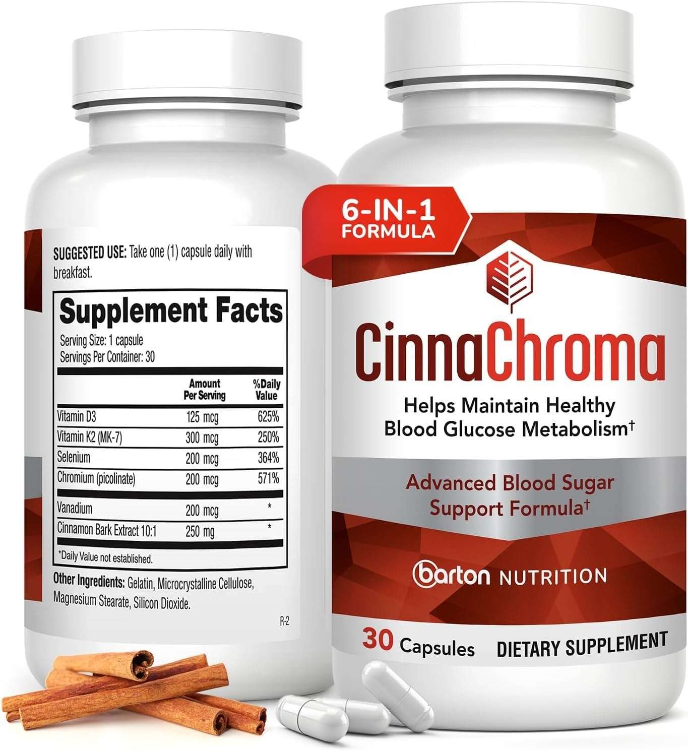 CinnaChroma Capsules - Cinnamon Supplements with 10:1 Extract, Chromium, Vanadium, Selenium, Vitamin D3 & K2 - Natural Sugar Blocker - 30 Capsules, 1 Month Supply - Image 1