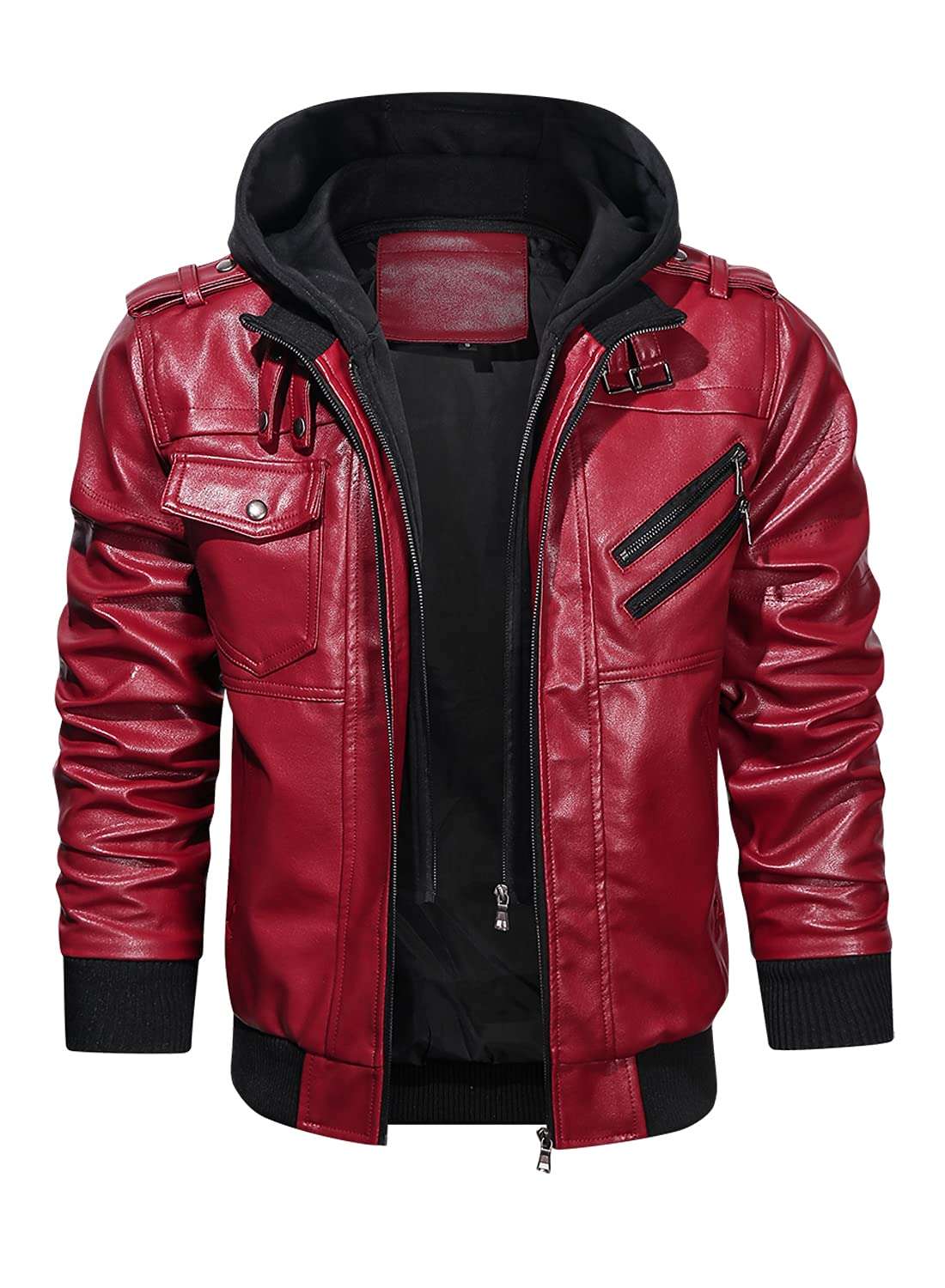 HOOD CREW Men’s Casual Stand Collar PU Faux Leather Zip-Up Motorcycle Bomber Jacket With a Removable Hood - Image 4