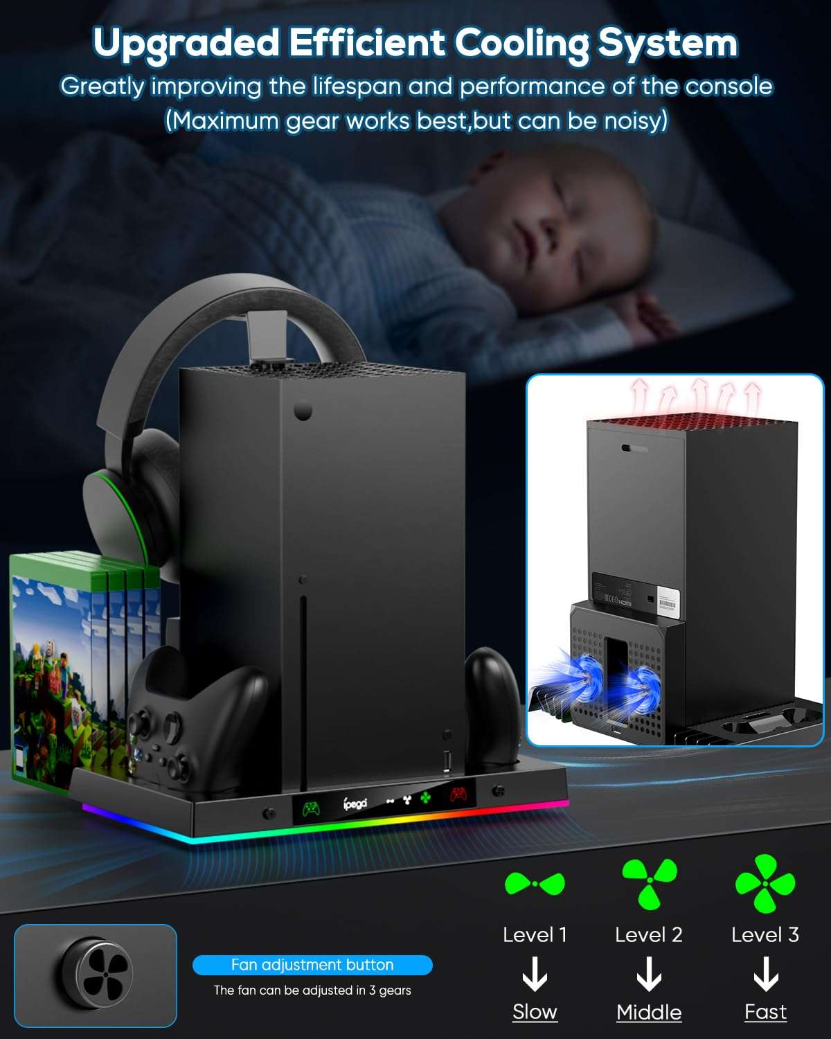 MENEEA Upgraded Cooling Fan Charging Station for Xbox Series X Console & Controller, Dual Charger Dock & Cooler System Stand with 15 Colorful Lights for Xbox Series X Accessories Kit - Image 3