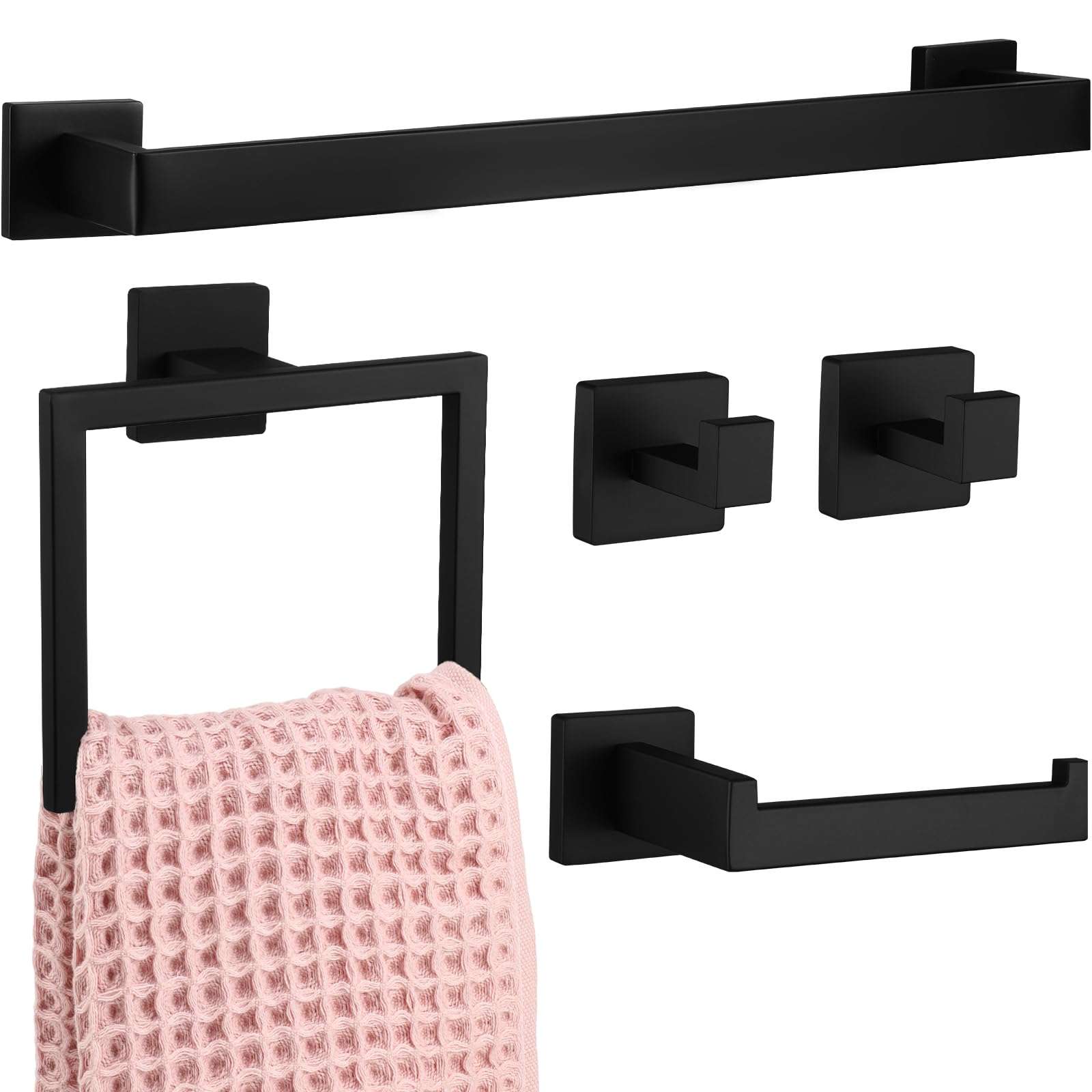 Gisafai 5 Pcs Bathroom Hardware Accessories Set 23.6 Inch Bath Towel Bar Kit Stainless Steel Bathroom Hardware Set Towel Racks Ring Hooks Paper Holder for Wall Mounted (Black) - Image 1