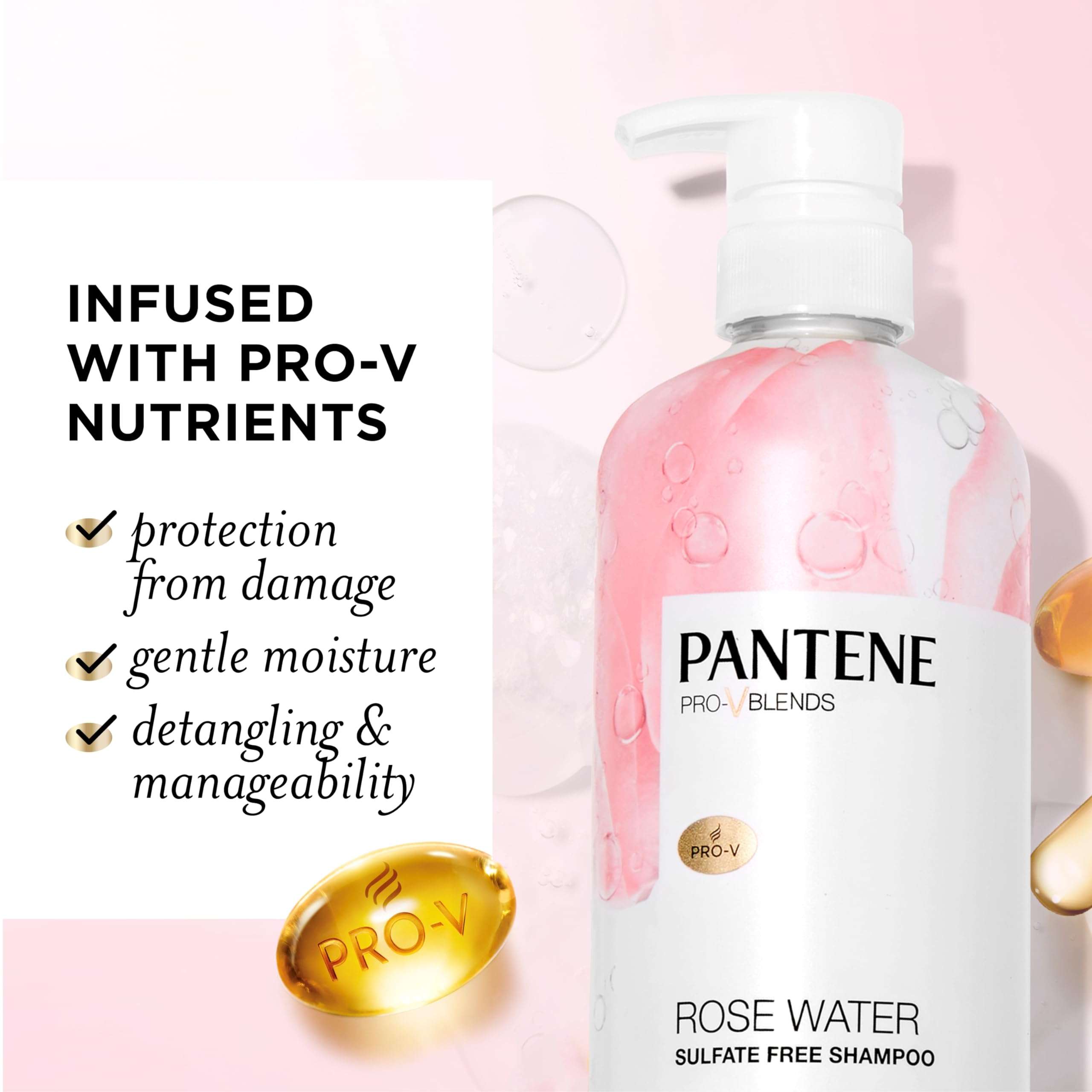 Pantene Sulfate Free Rose Water Shampoo, Soothes, Replenishes Hydration, Safe for Color Treated Hair, Nutrient Infused with Vitamin B5 and Antioxidants, Pro-V Blends, 30.0 oz - Image 2