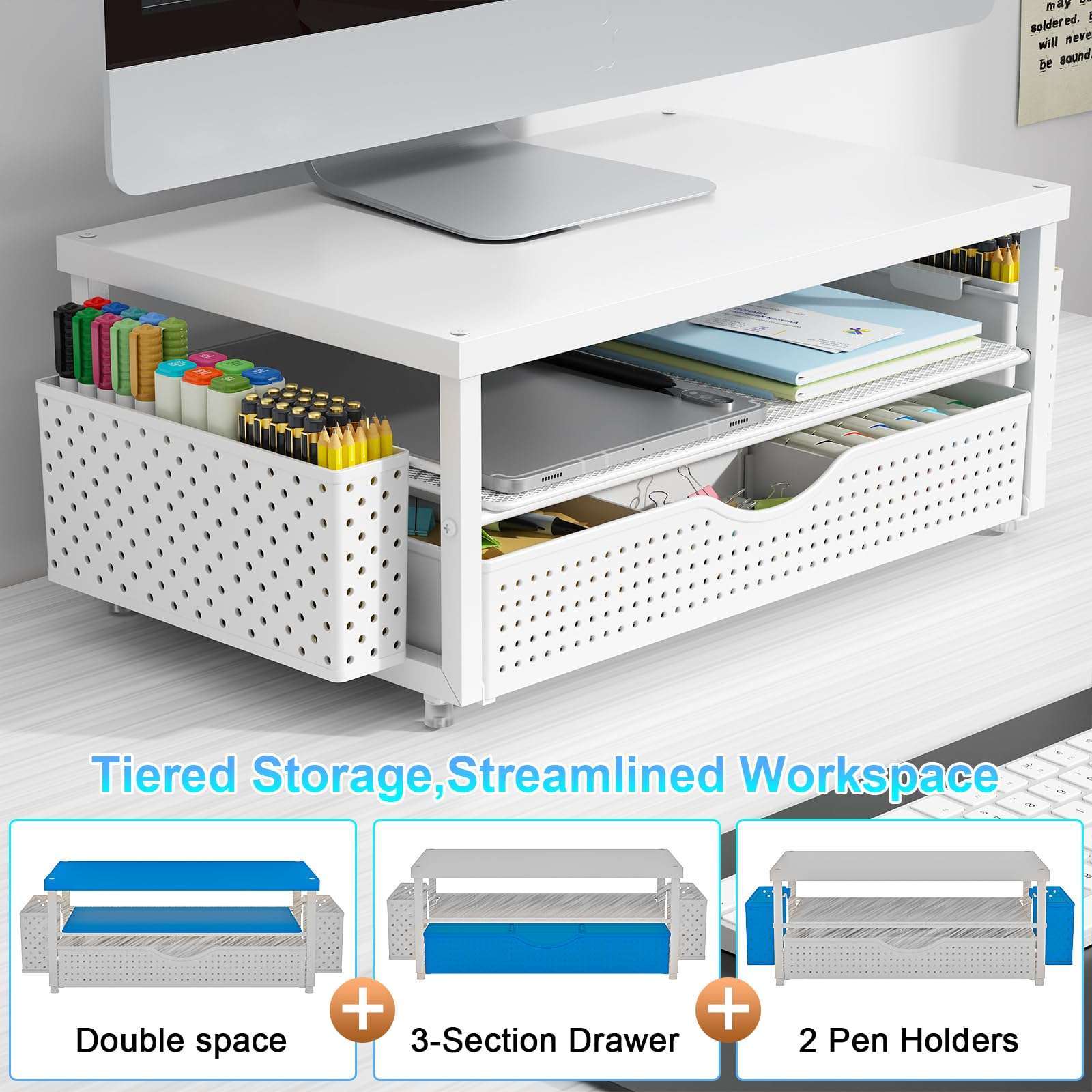 gianotter Wood Monitor Stand Riser, Office Desk Shelf Organizer, Desk Organizer with Drawer and Pen Holder, 2-Tier Computer Stand, Office Organization (Matte White) - Image 5