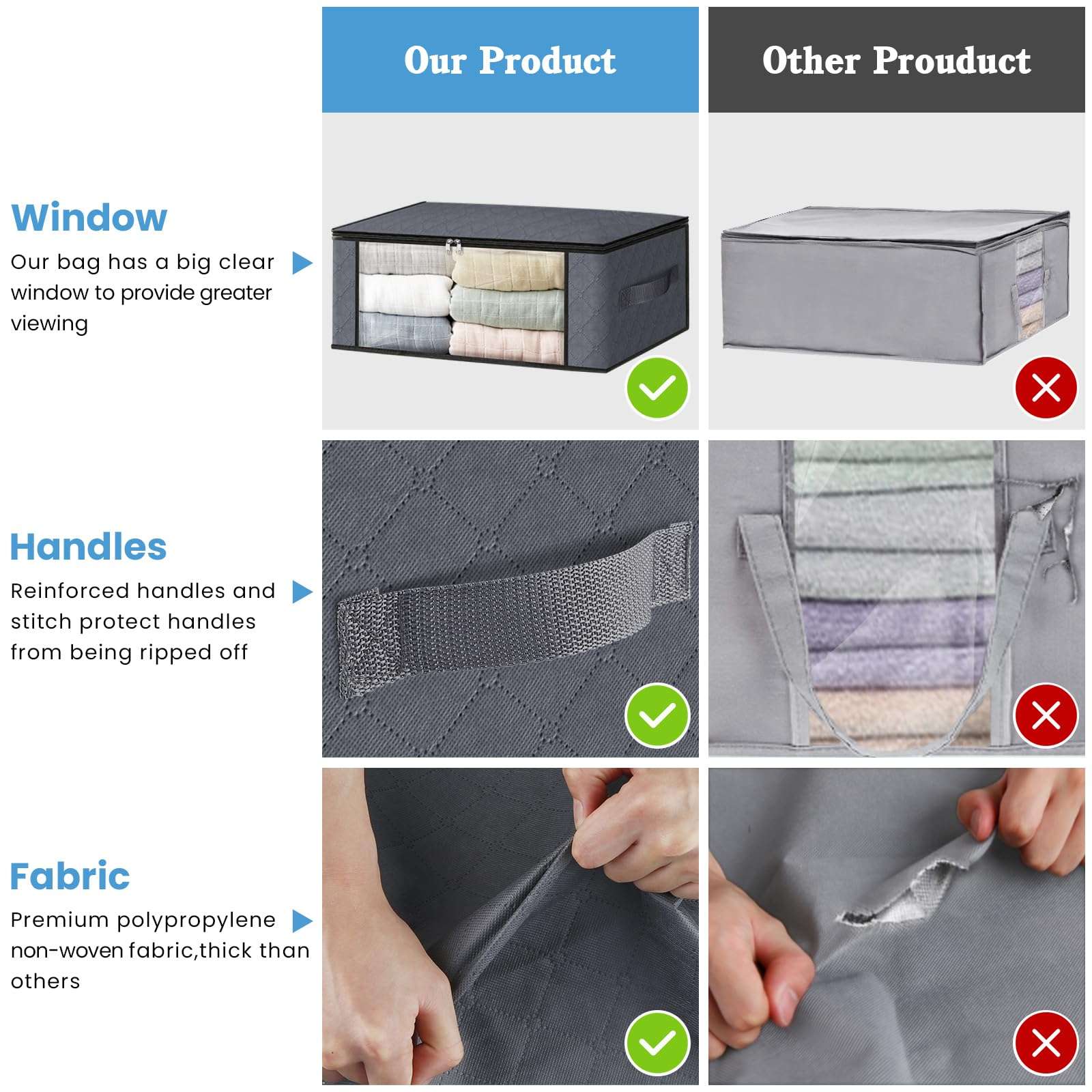 HomeHacks Storage 3-Pack Clothes Organizer Storage Bags Foldable Storage Box with Large Clear Window Sturdy Handles for Closet, Dorm, Pillows, Bedding, Clothes, Blankets, 35L, Gray - Image 5