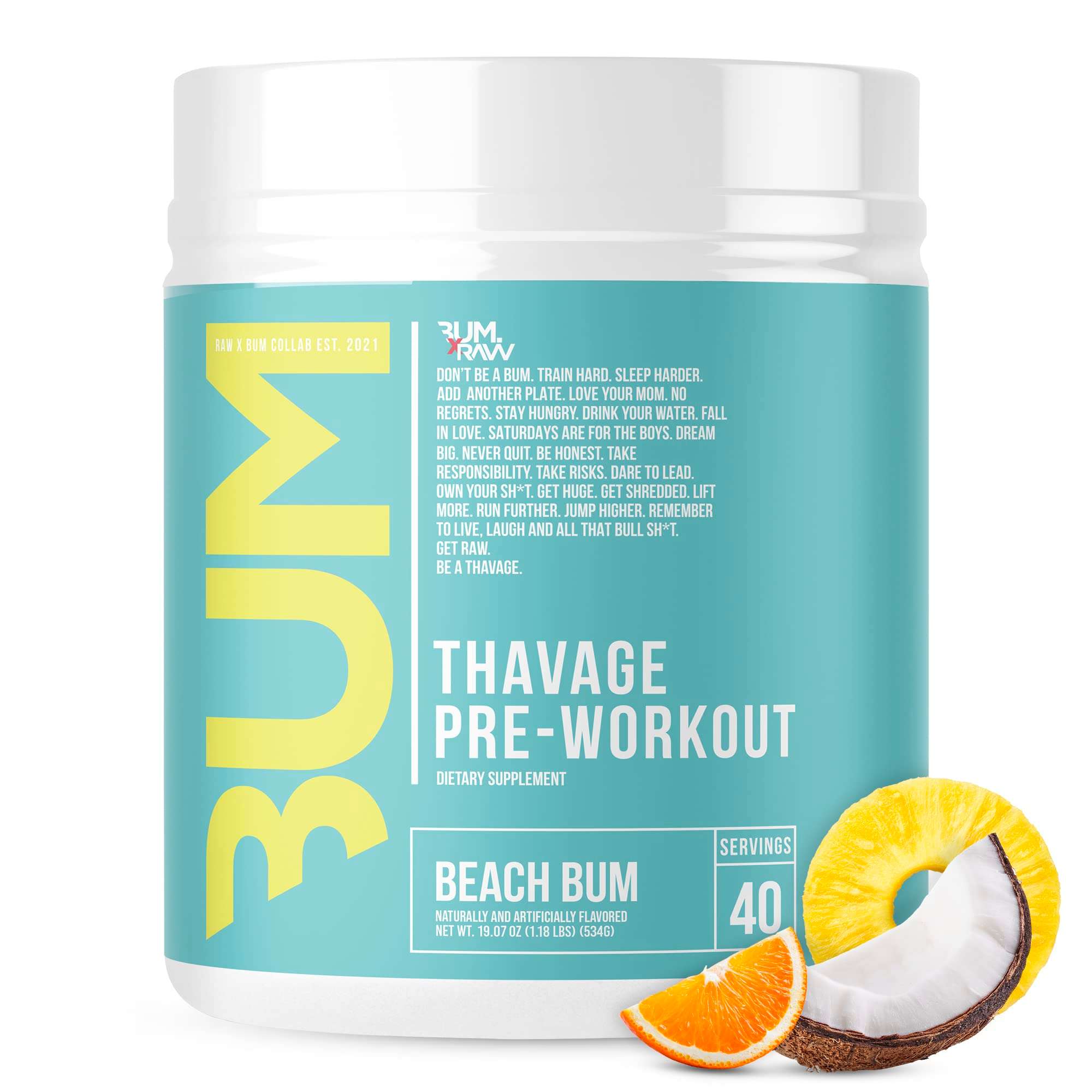 RAW Pre Workout Powder, Thavage (Beach Bum) - Chris Bumstead Sports Nutrition Supplement for Men & Women - Cbum Pre Workout for Working Out, Hydration, Mental Focus & Energy - 40 Servings - Image 1