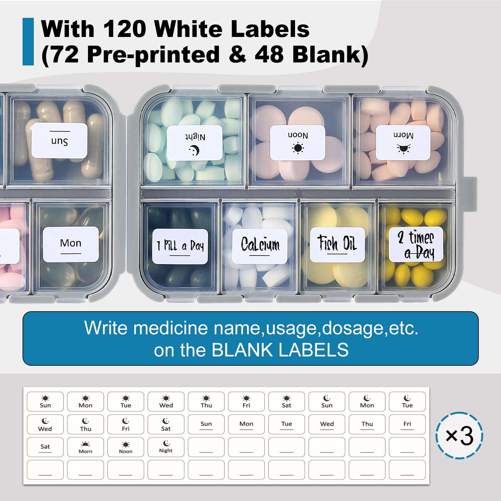 LANDNEOO 14 Grids Pill Organizer Box with Labels, Travel Medication Holder Dispenser Case Kit, Pocket Daily Pharmacy Container for Fish Oil Vitamin Supplement Storage, Khaki Pink Grey, 3 Pack - Image 5