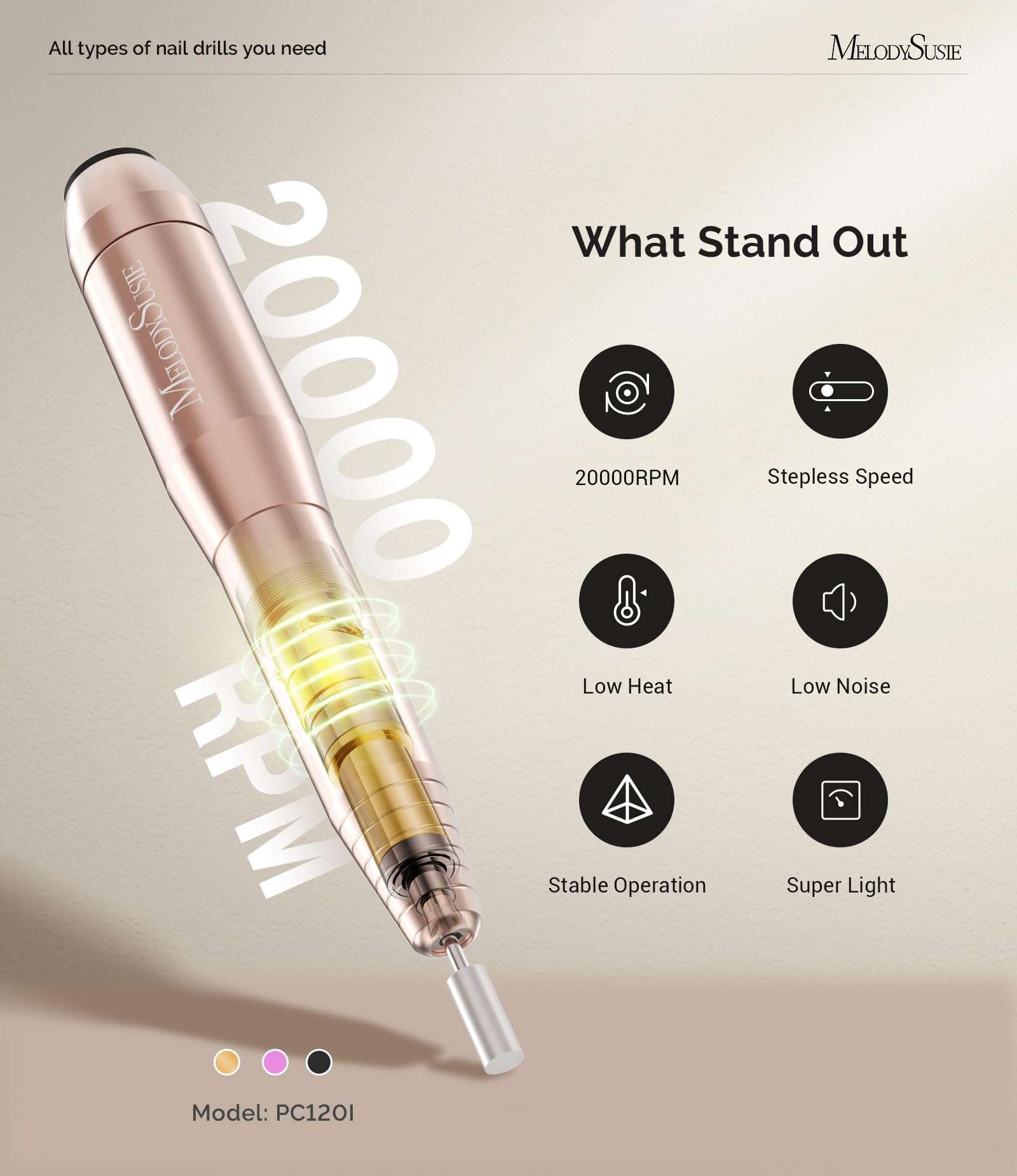 MelodySusie Electric USB Nail Drill Machine,PC120I Portable Electric Nail File Efile Set for Acrylic Gel Nails, Manicure Pedicure Tool with Nail Drill Bits Sanding Bands Gold - Image 4