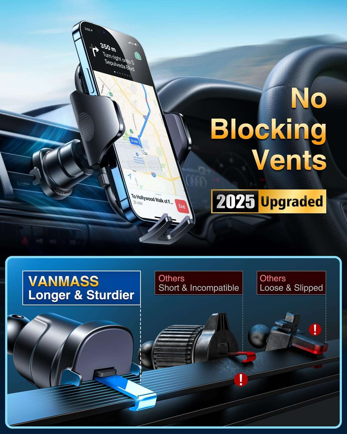 [2025 True Military-Grade] Car Phone Holder VANMASS [Upgraded Strongest Suction & Clip] Cell Phone Mount for Dashboard Windshield Vent,Truck Cradle Stand for iPhone 16 Pro Max 15 14 13 Samsung Android - Image 6