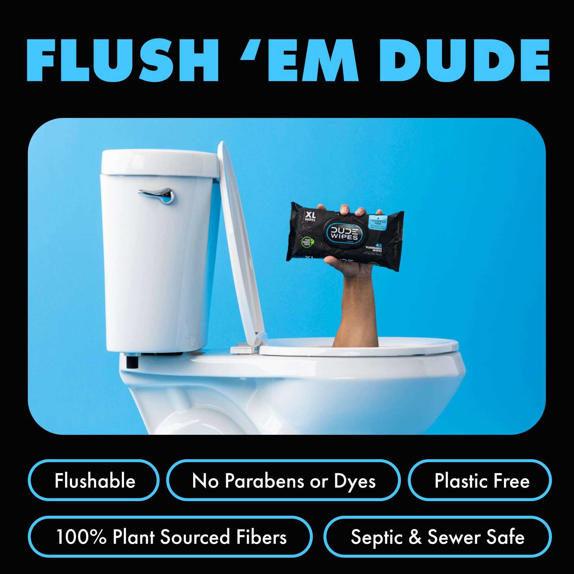 DUDE Wipes - Flushable Wipes - 3 Pack, 144 Wipes - Unscented Extra-Large Adult Wet Wipes - Vitamin-E & Aloe - Septic and Sewer Safe - Image 3