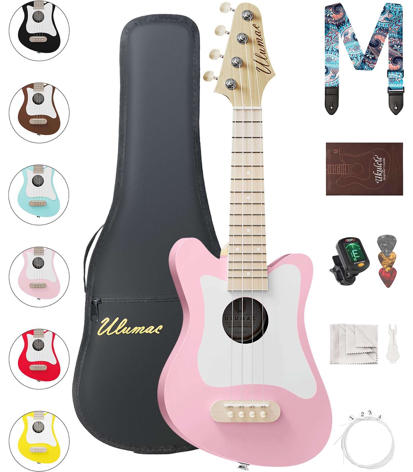Ulumac Soprano Ukulele, Stylish Shape with White Pickguard Spruce 21.5 inch Ukelele Beginner Kit with Gig Bag, Digital Tuner, Replacing Strings, 3 Guitar Picks, Strap, Cloth, Pink, P005WPN - Image 1
