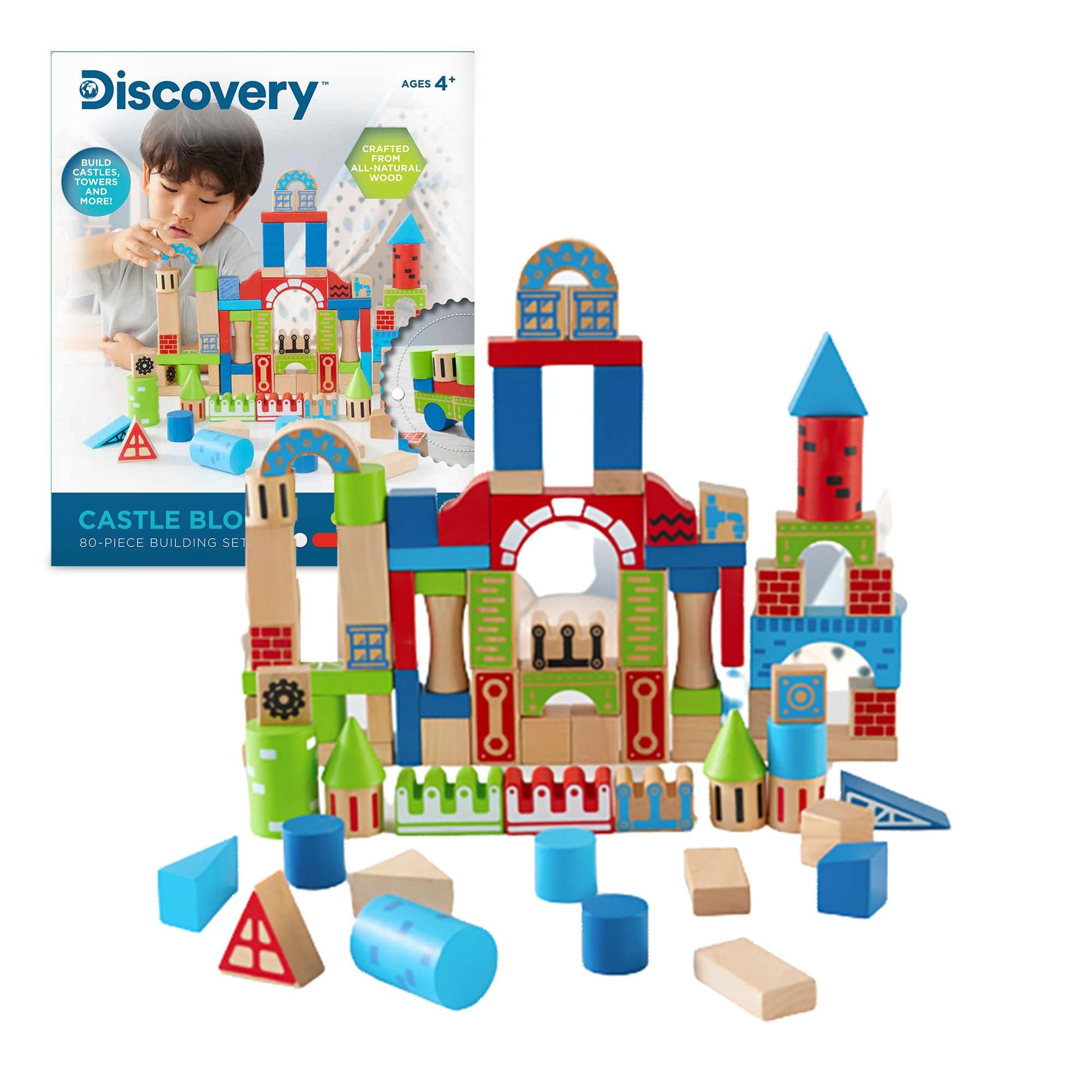 Discovery™ Wood Castle Blocks 80-Piece [Amazon Exclusive] Natural Wooden Building & Stacking Set, Imagination & Creativity Kids Activity Kit, Preschool Toddler Child Safe, Learning Playset Toy - Image 1