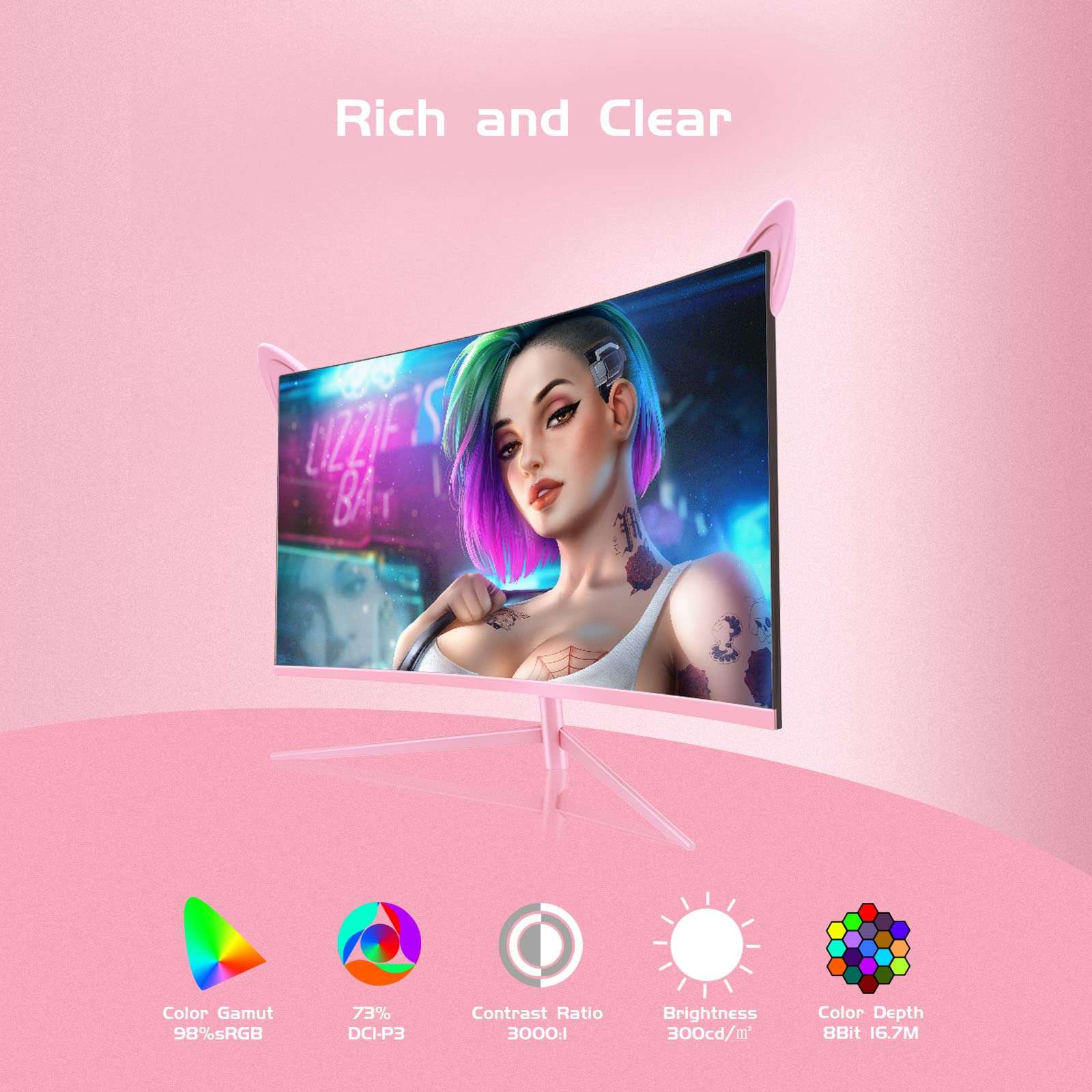 FYHXele FY27QHP Pink Monitor 27 Inch Curved Gaming 165Hz - Support 144Hz 1800R 1ms QHD 2560 x 1440P VA Screen, Built-in Speakers, AMD Free-Sync, HDMI, DP, USB, AUX, Tilt Adjustable - Image 5