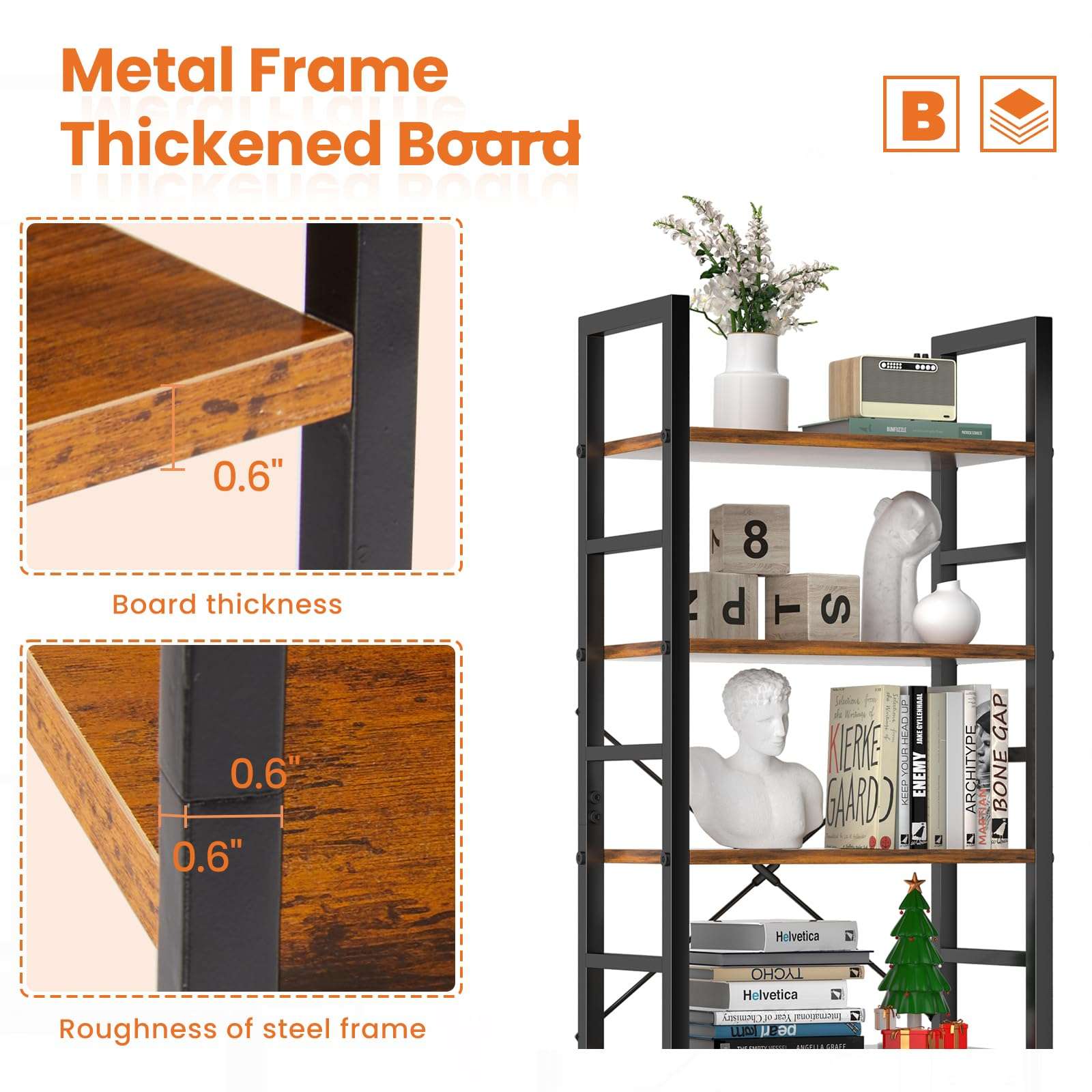 Sweetcrispy Book Shelf, 5 Tier Bookcase, Modern Tall Bookshelf for Garage Kit, CDs, Movies, Industrial Corner Storage Organizer for Bedroom Home Office Kitchen Living Room, Rustic Brown - Image 4