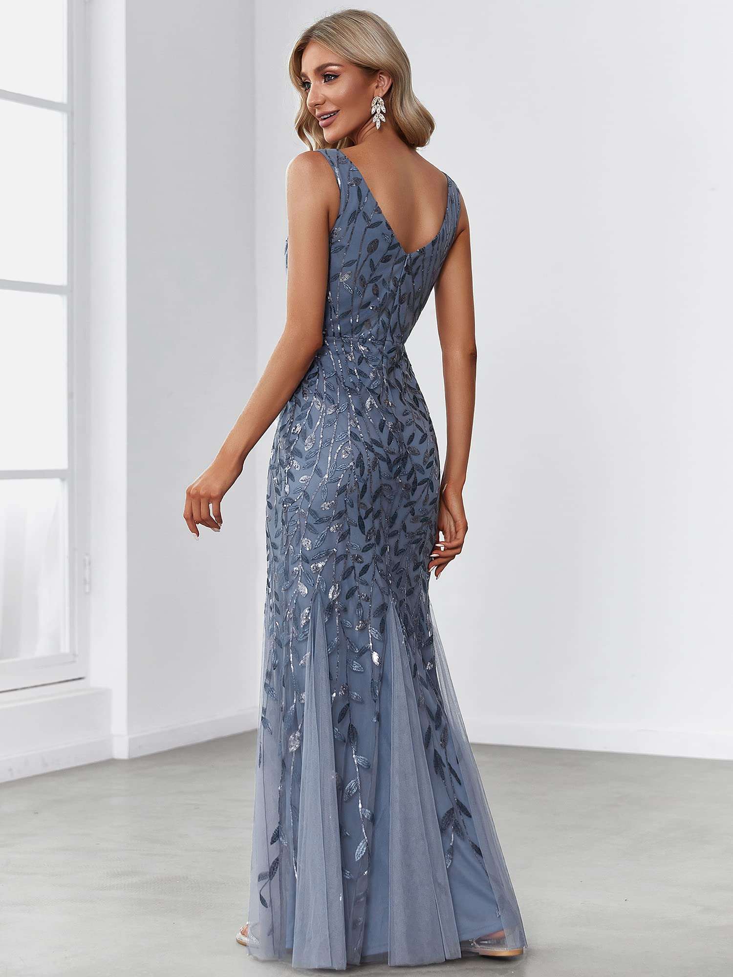 Ever-Pretty Women's Formal Dress Sequin Tulle Double V-Neck Sleeveless Mermaid Long Evening Dress 07886 - Image 2