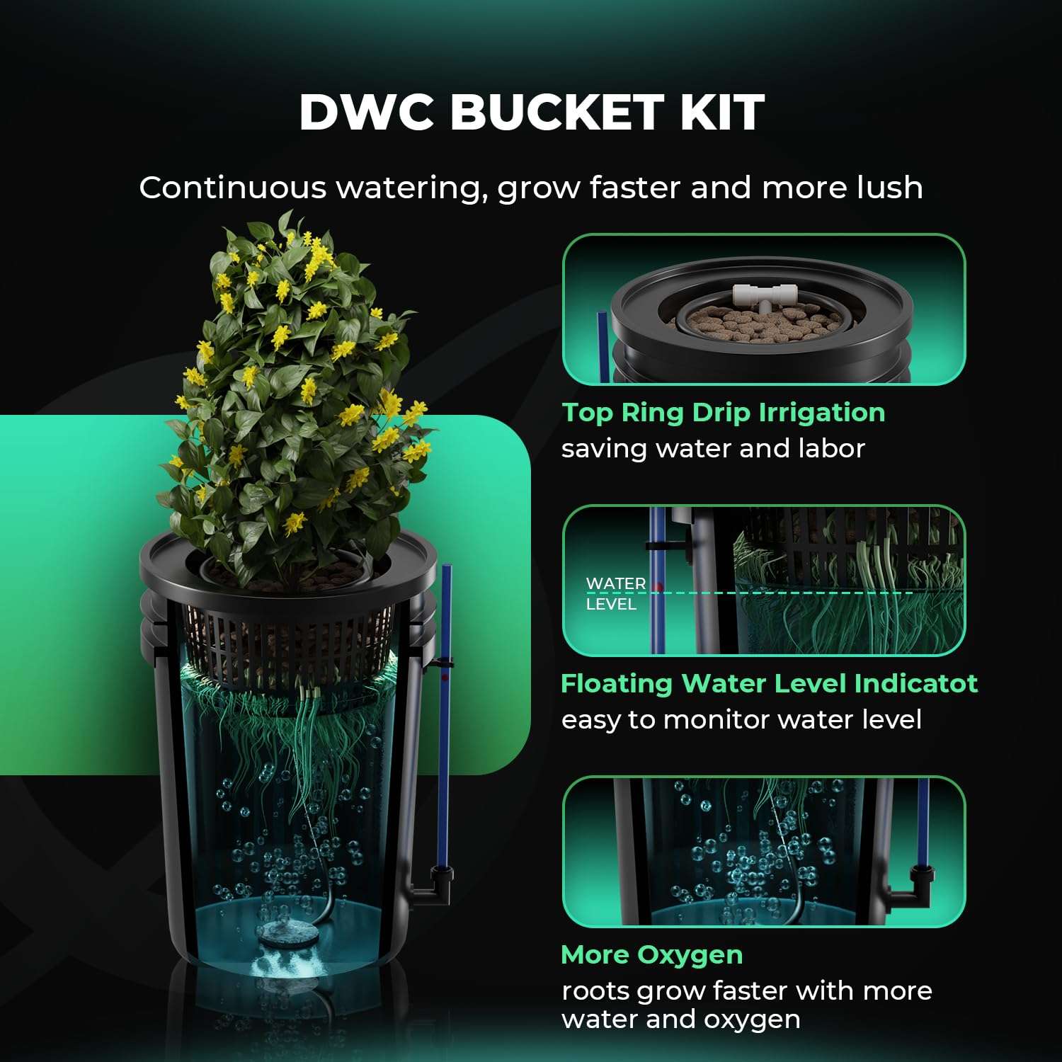 Mars Hydro DWC Hydroponics Grow System 5 Gallon Deep Water Culture with 8W Air Pump, Multi-Purpose Air Hose, Air Stone, 2 Buckets and Top Drip Kit - Image 4