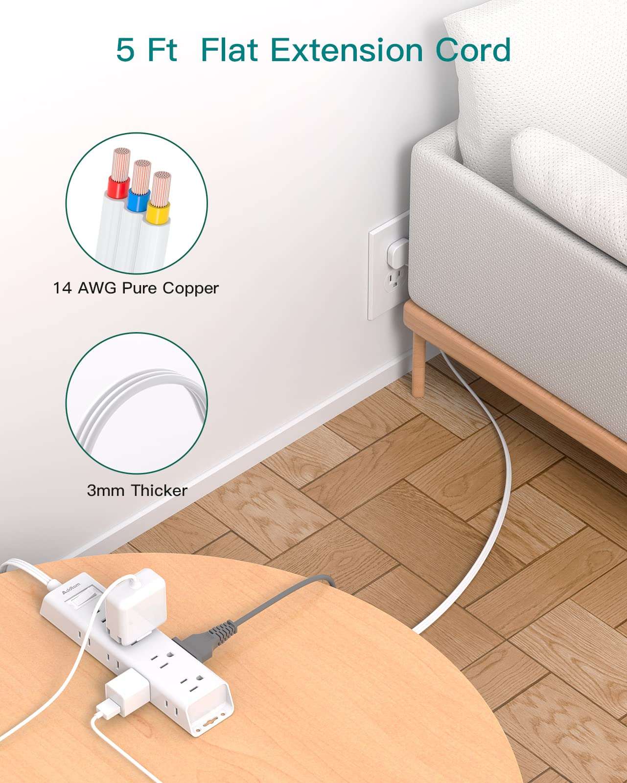 Flat Plug Power Strip, Ultra Thin Flat Extension Cord - Addtam 12 Widely AC 3 Sides Multiple Outlets, 5Ft, 1050J Surge Protector, Wall Mount, Desk Charging Station for Home Office Dorm Room Essentials - Image 7