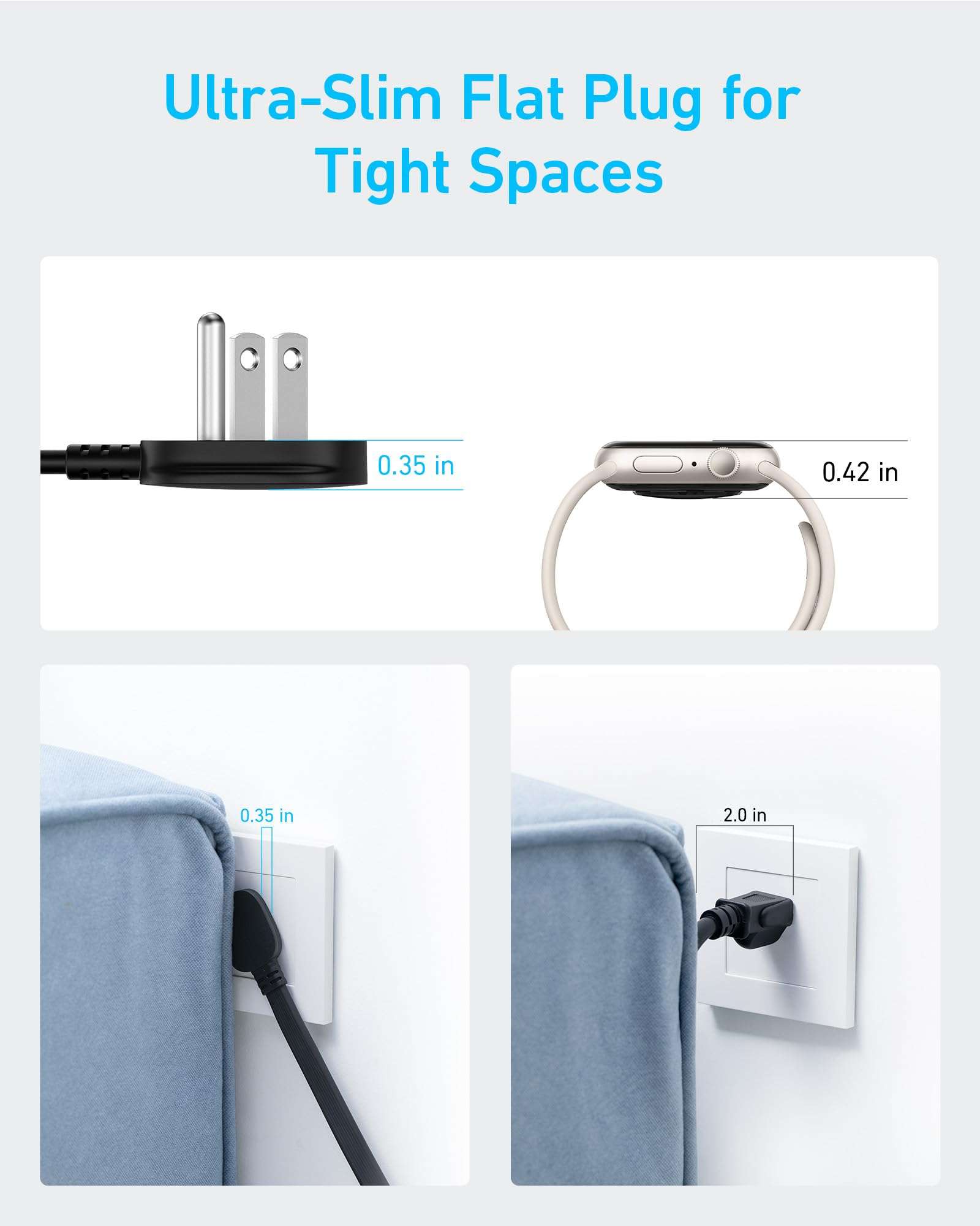 Anker Surge Protector Flat Plug Power Strip(2100J), 12 AC Outlets, 5feet Flat Extension Cord, 1USB C and 2 USB Ports for Multiple Devices, 20W Fast Charging for Home, Office, Dorm Essential, TUV - Image 3