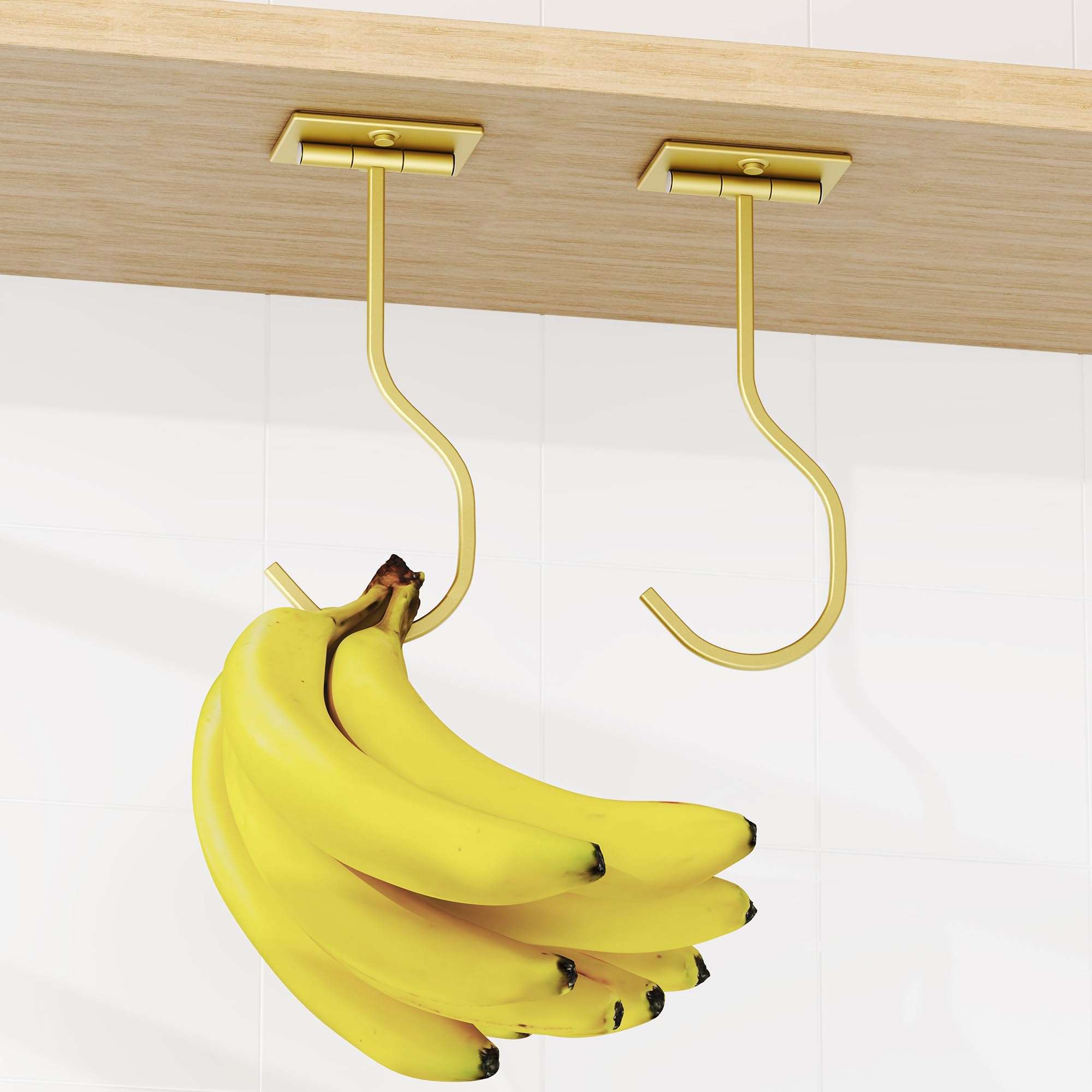 bussdis Self-Adhesive Banana Hook Under Cabinet: 2-Pack Foldable Metal Banana Hanger, Space-Saving Under Counter Banana Holder for Kitchen & RV, Gold - Image 8