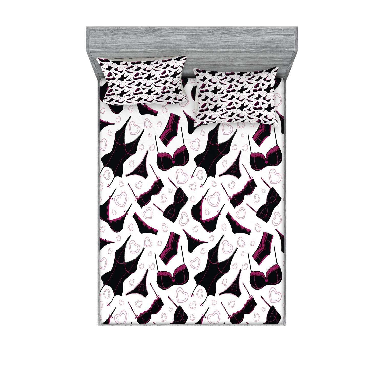 Ambesonne Retro Fitted Sheet & Pillow Sham Set, Lingerie Pattern Brassiere and Panties with Hearts Women`s Fashion Underwear, Decorative Printed 3 Piece Bedding Decor Set, Full, Black Fuchsia White - Image 1
