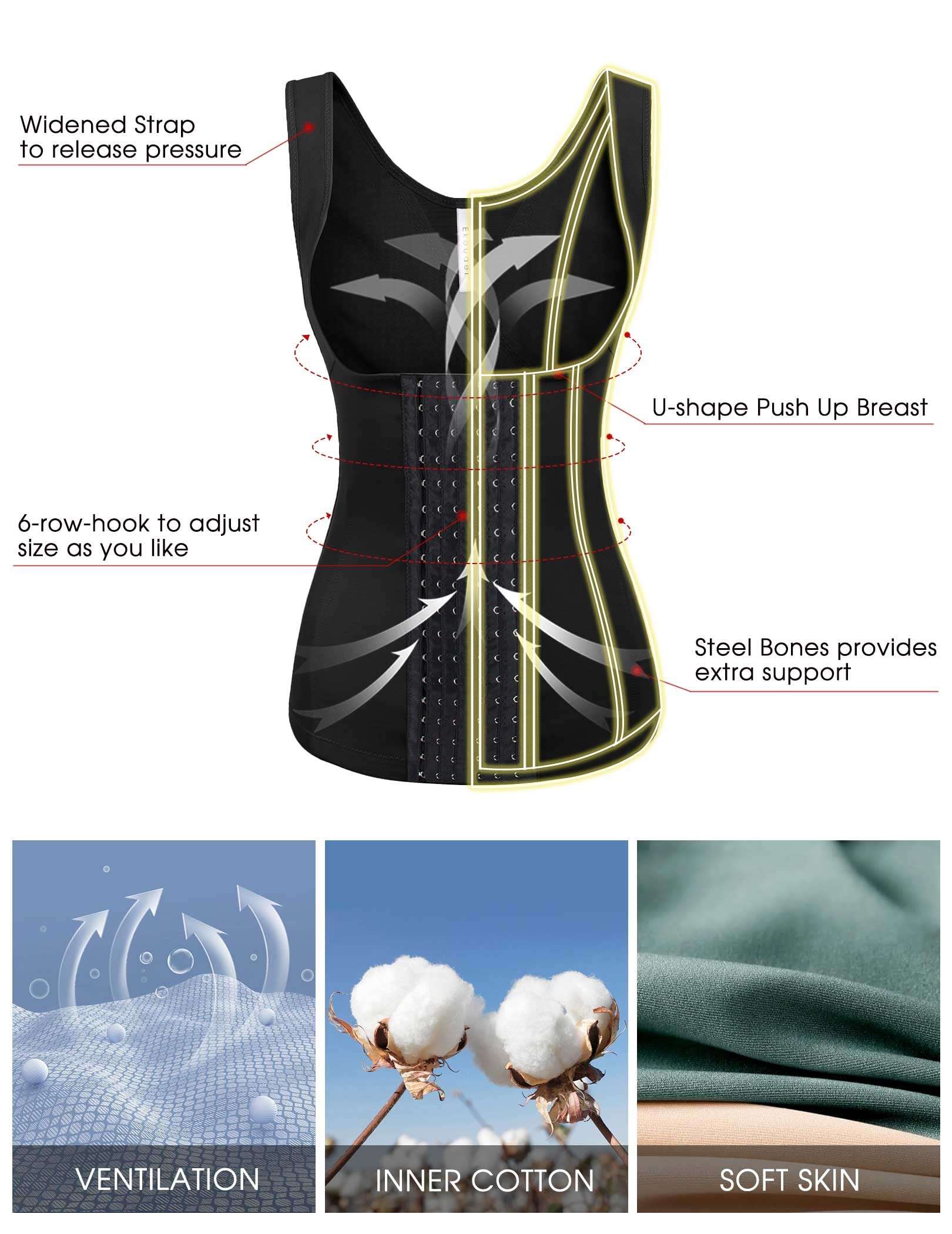 Ekouaer Women's Underbust Corset Waist Trainer Cincher Steel Boned Body Shaper Tummy Fat Burner S-4XL - Image 2