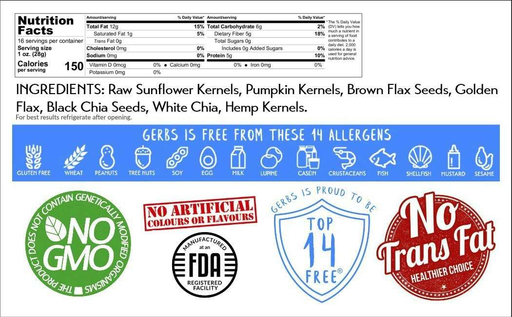 GERBS Raw Super 7 Seed Snack Trail Mix 1 LBS. | Top 14 Food Allergy Free | Resealable Bulk Bag | Made in USA | Raw Pumpkin | Sunflower | Brown & Golden Flax | Black & White Chia | Hemp | Gluten Free - Image 2