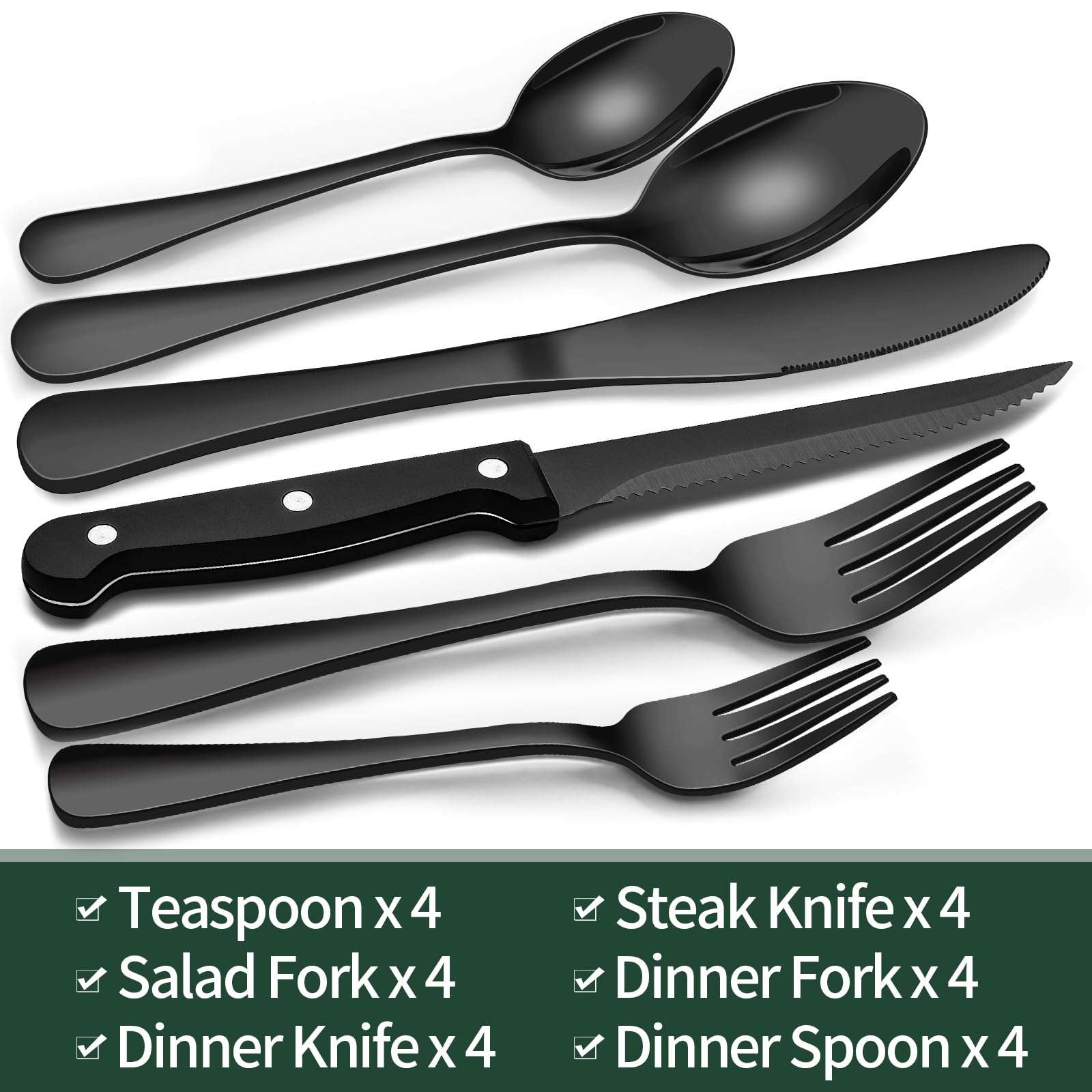 EWFEN 24-Piece Black Silverware Set with Steak Knives, Flatware for 4, Food-Grade Stainless Steel Tableware Cutlery Set, Mirror Finished Utensil Sets Home Restaurant - Image 2