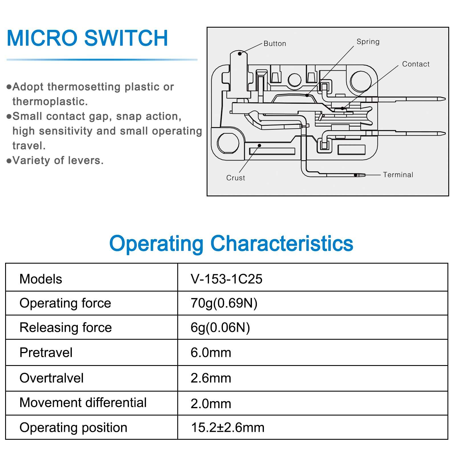 Heschen Micro Switch, V-153-1C25, SPDT, Long Hinge Lever, 20A 250VAC, 2 Pack - Image 4
