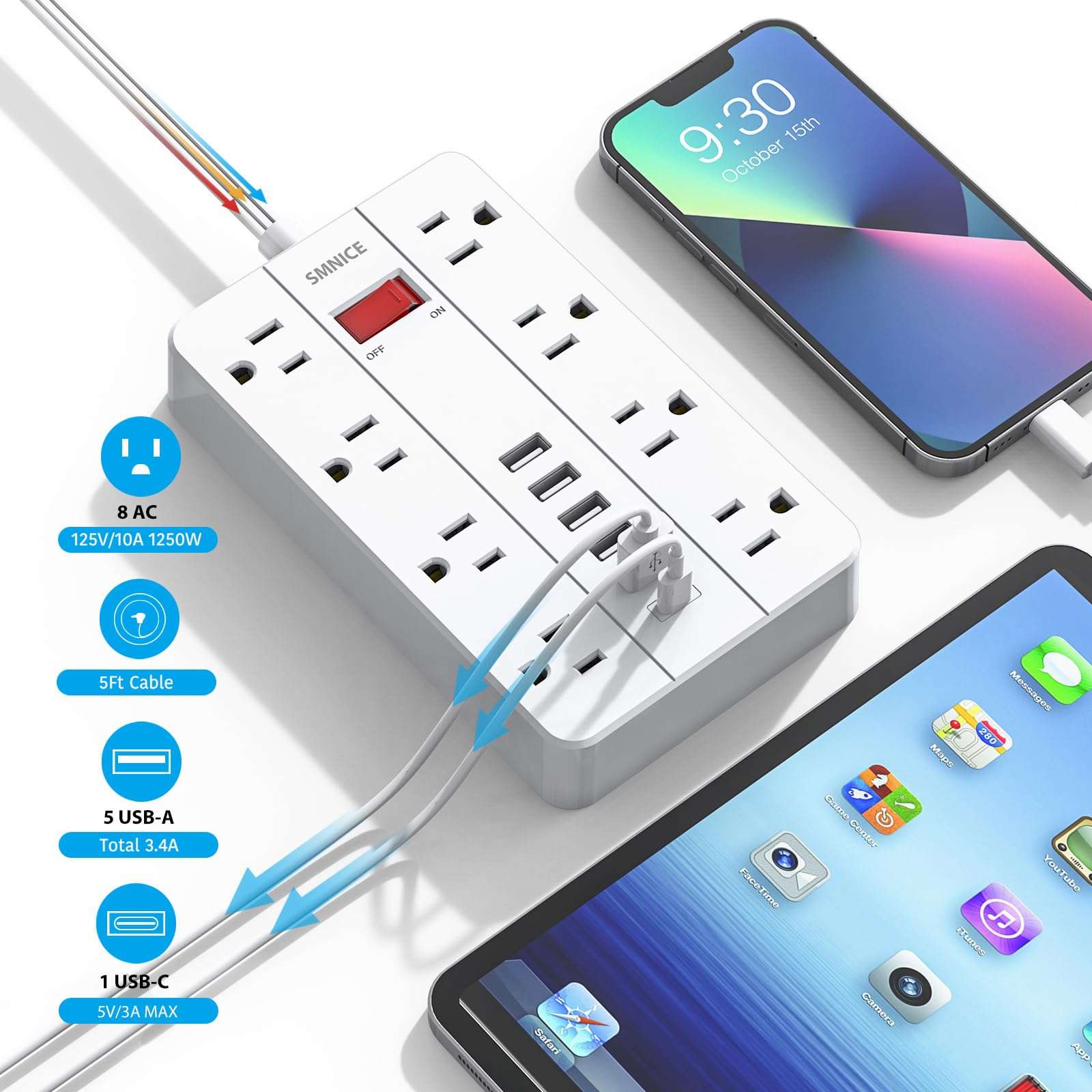 SMNICE Power Strip with USB,Surge Protector Flat Plug with 8 Widely Spaced Outlets and 6 USB Ports(1 USB C), 5ft Extension Cord Wall Mountable Phone Tablet Laptop Computer Multiple Devices - Image 3
