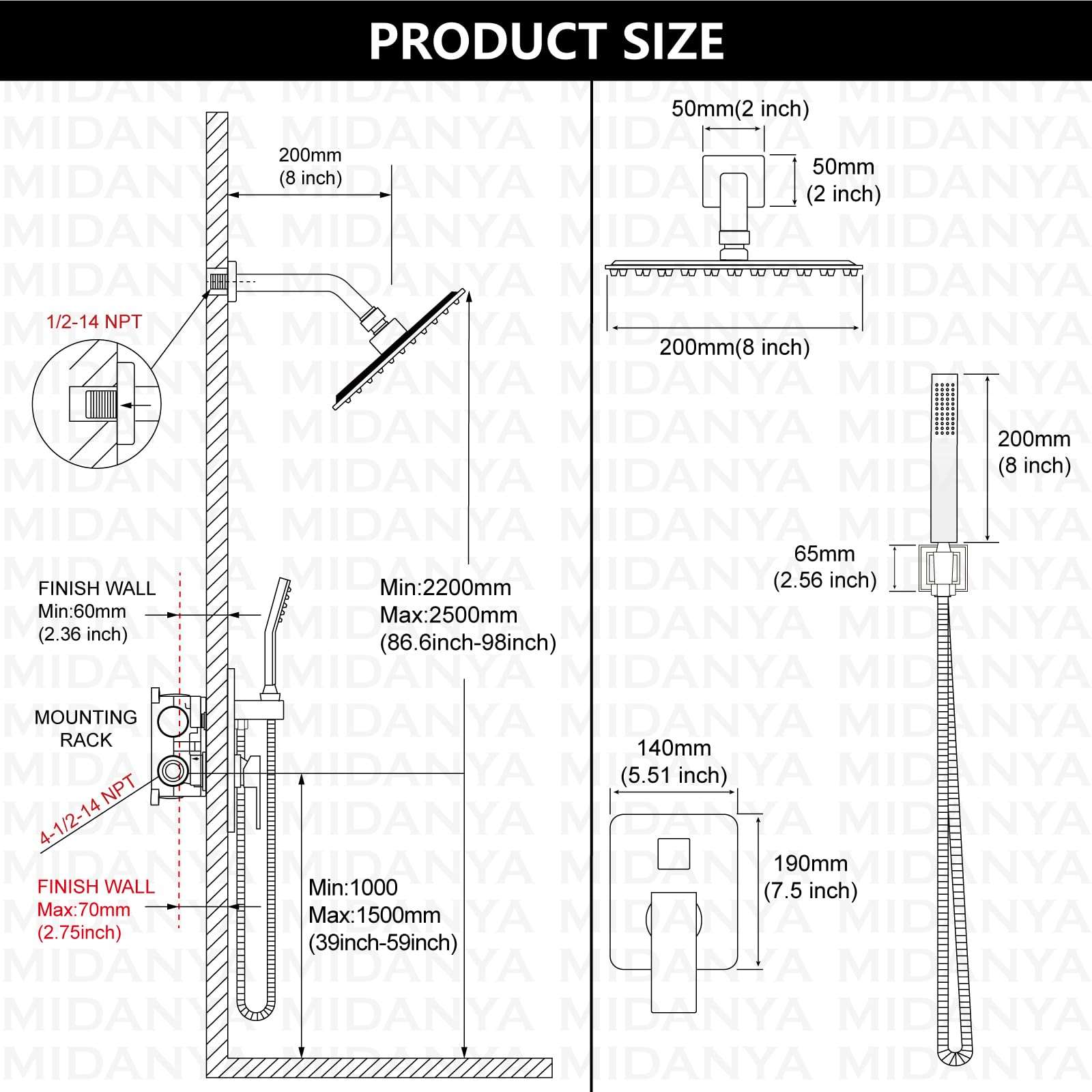 Midanya Shower Faucet Set,Wall Mount Shower System with Square Rain Shower Head and Hand Sprayer, Rough-in Valve Body and Trim Kit Included,8 Inch,Matte Black - Image 6