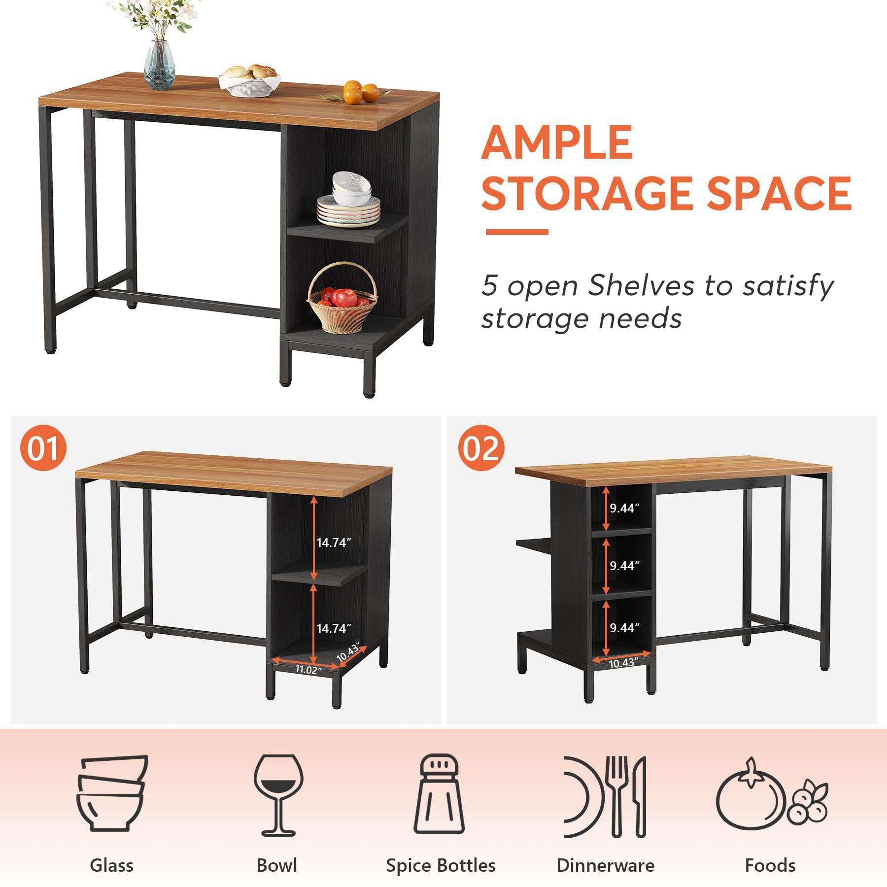 Tribesigns Kitchen Island, Kitchen Shelf Bar Table with 5 Open Storage Shelves and Large Worktop, Industrial Butcher Block Island (Stools Not Included) - Image 5
