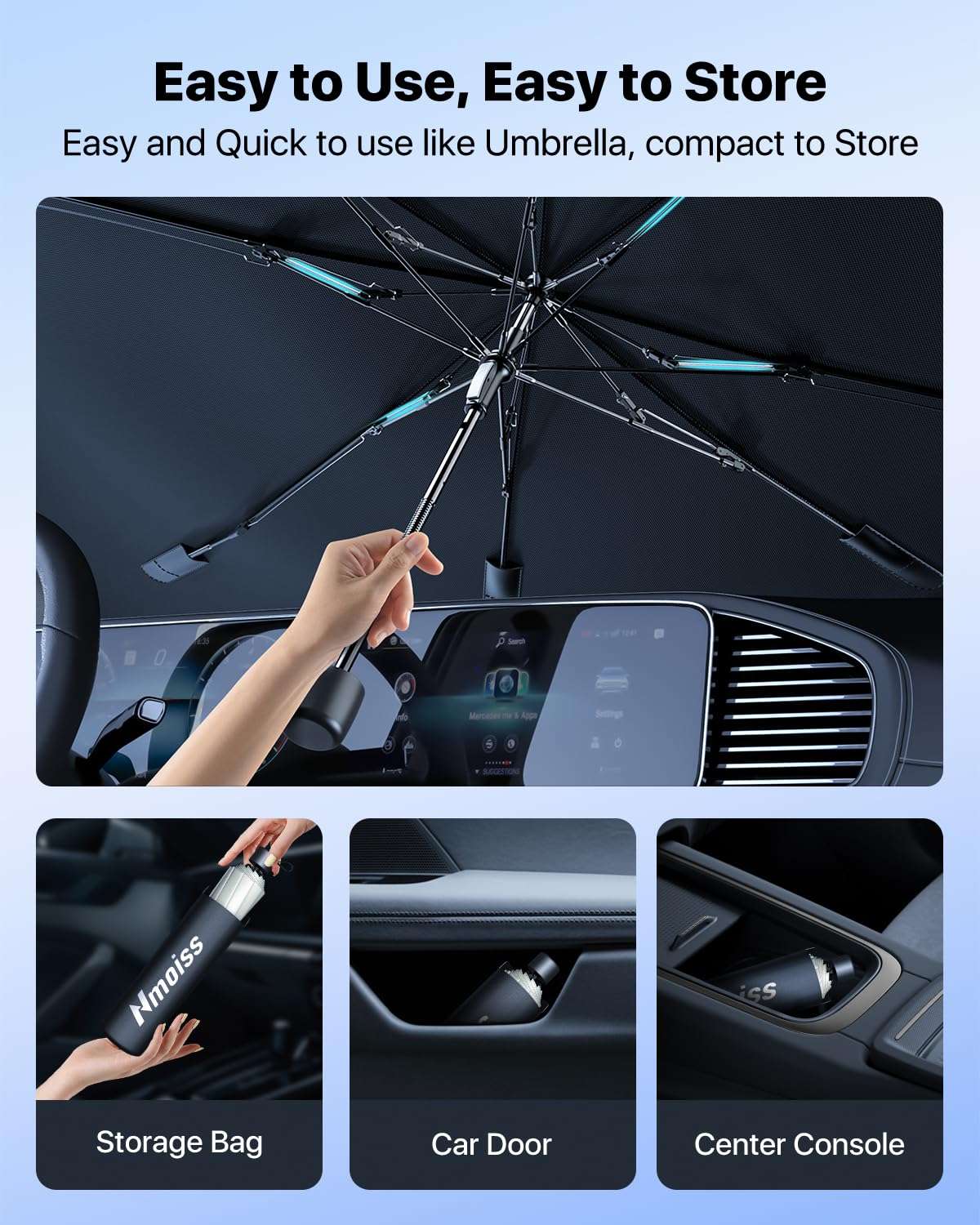 [2025 Upgrade] Nmoiss Windshield Sun Shade Umbrella - [Vinyl Coating Heat Shield] Protect Car from Sun Rays & Heat Damage Keep Cool and Protect Interior, Spring Structure Edge Medium 56" L x 31" W - Image 6