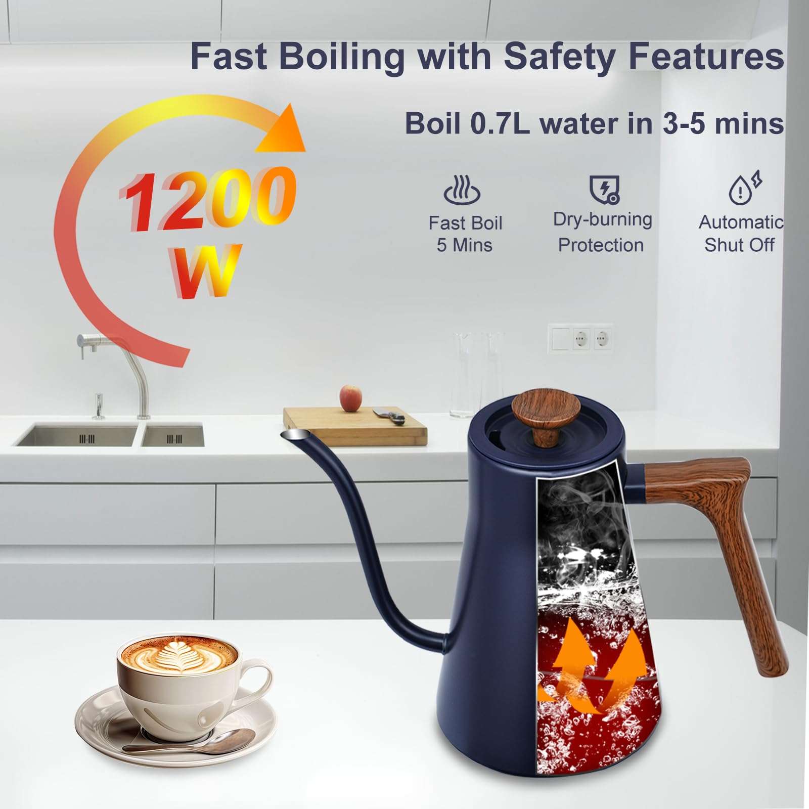 Gooseneck Electric Kettle - 1200W Quick Boil, Temp Control with 5 Presets & ±5℉ Adjustment, Accurate Pouring, 24oz Small Pour Over Coffee & Tea Kettle, 2H Auto Keep Warm, Stainless Steel, Blue - Image 4