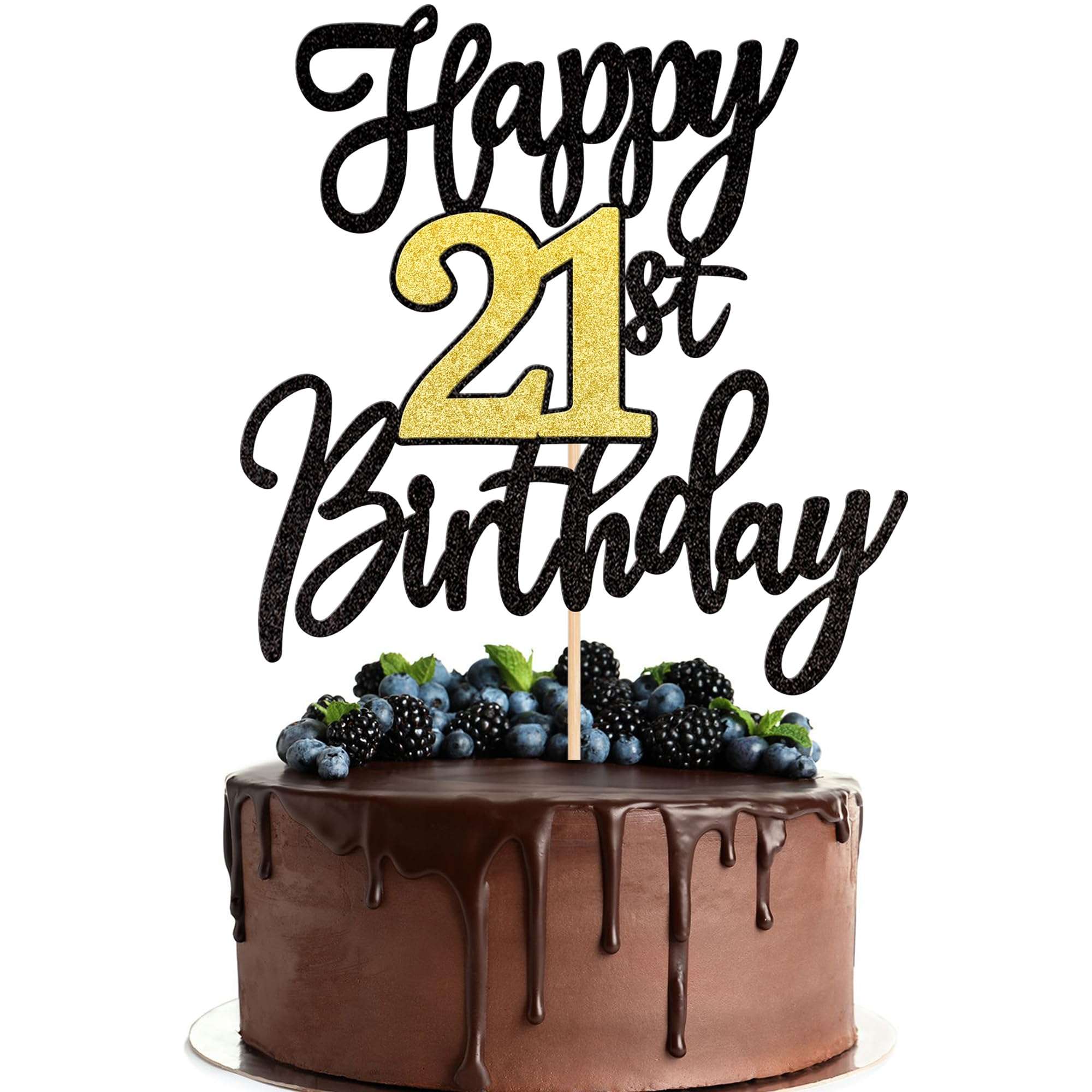 1 PCS Happy 21st Birthday Cake Topper - Black Gold Glitter Cheers to 21 Years - Fabulous Cake Decoration for 21st Birthday Party - Image 1