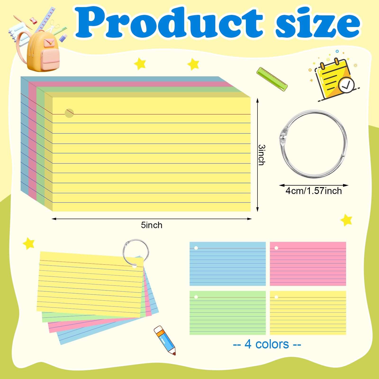 YAGUAO Colored Index Cards 3x5 Inch Flash Cards with Ring Lined Flashcards Note Cards for Studying School Supplies College, 200 Count - Image 2