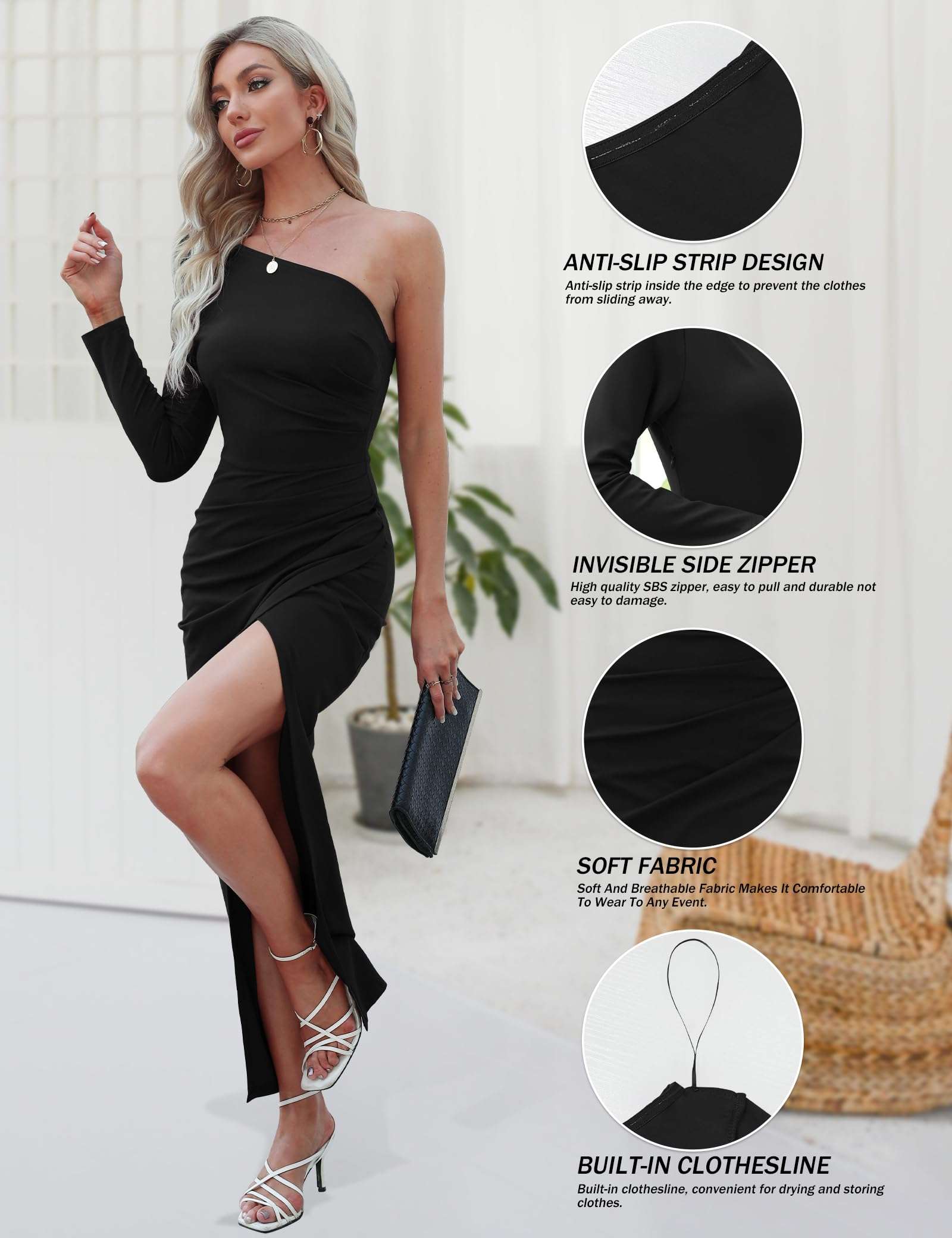 Sarin Mathews Womens One Shoulder Long Sleeve Cocktail Dresses Sexy Bodycon Ruched Wrap Split Party Formal Long Dress - Image 4