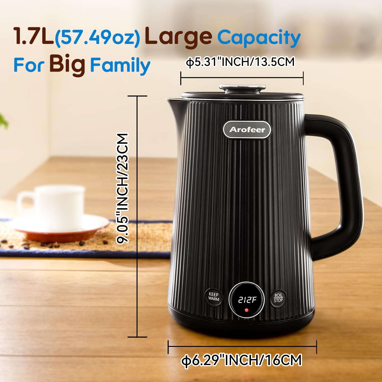 Arofeer® 1.7L(57oz) Large Electric Kettle Temperature Control, 7+Cups Electric Tea Kettle for Coffee&Tea, 2 quarts Big Hot Water Kettle Electric with,1200W,Keep Warm-Black - Image 2