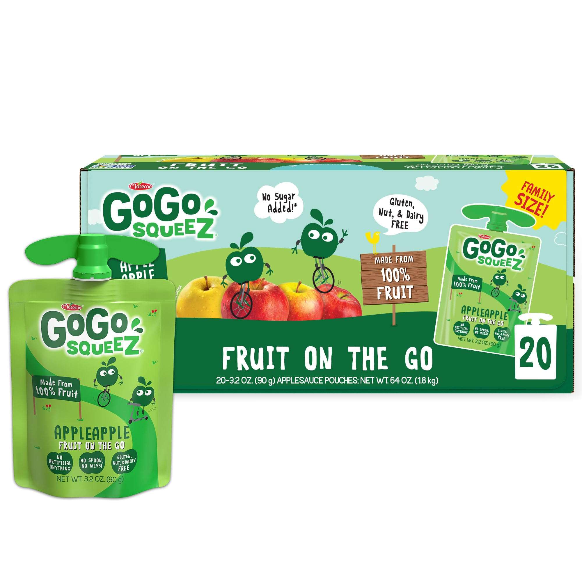 GoGo squeeZ Applesauce and Fruit Puree, Apple Apple, 3.2 oz (Pack of 20), Unsweetened Fruit Snacks for Kids, Gluten Free, Nut Free and Dairy Free, Recloseable Cap, BPA Free Pouches - Image 1