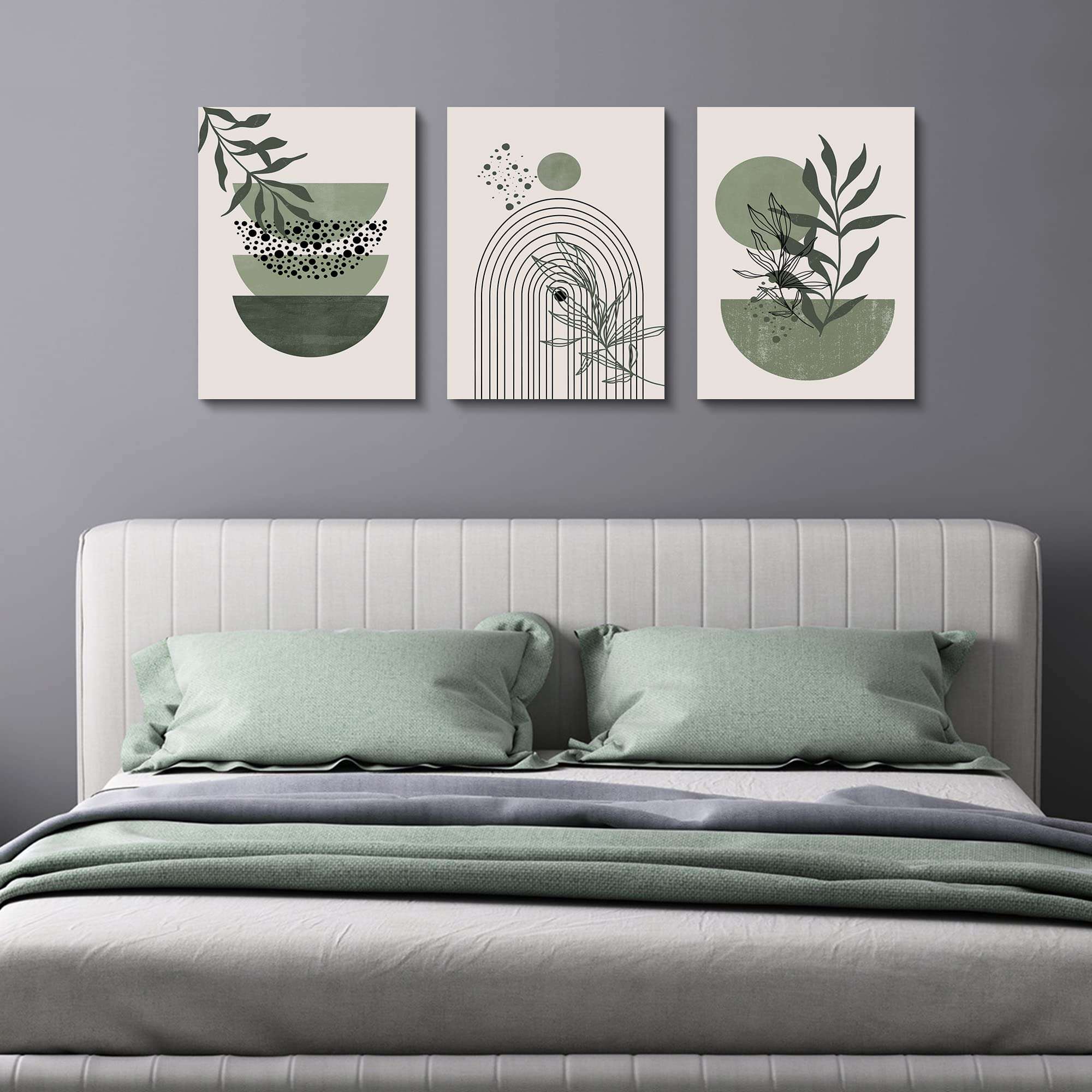 Sage Green Wall Posters & Prints, Green Boho Wall Art Set of 3, Minimalist Framed Wall Art Geometric Line Leaf Sun Moon Beige Green Canvas Artwork Paintings - Image 3