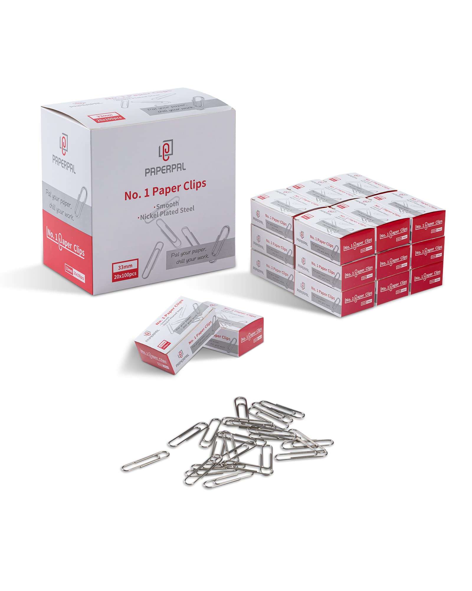 PAPERPAL Paperclips for Office School & Personal Use, #1 Smooth Paper Clip (1-2/7"), 2000 Medium Paper Clips (20 Boxes of 100 Each), Silver - Image 1