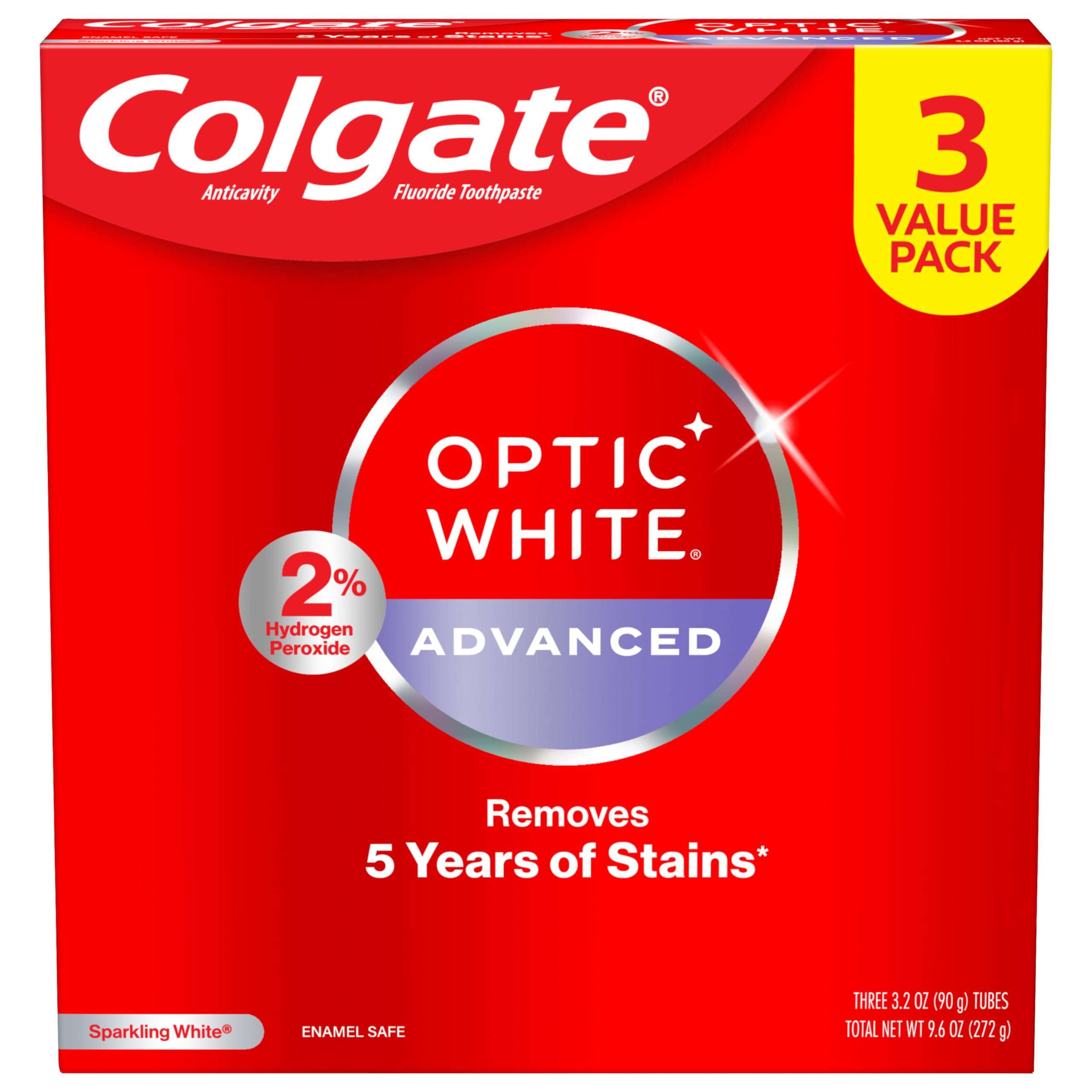 Colgate Optic White Advanced Teeth Whitening Toothpaste, 2% Hydrogen Peroxide Toothpaste, Sparkling White, 3.2 Oz, 3 Pack - Image 1