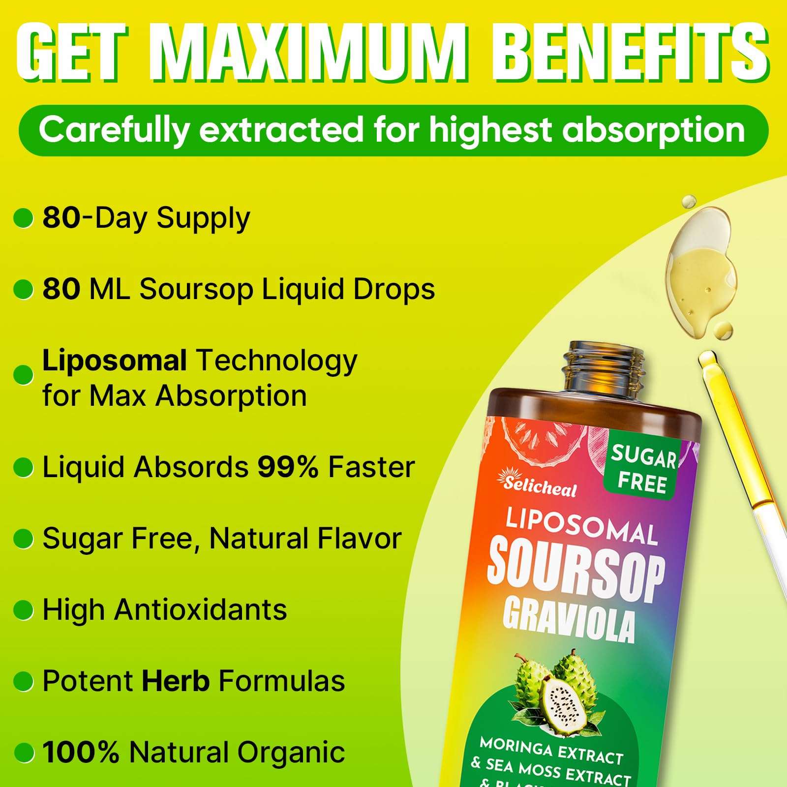 (80ML) Supplement Liquid Drops, 10 in 1 Soursop Multivitamin Drops with Leaf Extract & Sea Moss, for Cell Support & Regeneration, Immunity, Gut, Zzz, Skin & Antioxidant | 2.8 Fl Oz - 80 Days Supply - Image 3