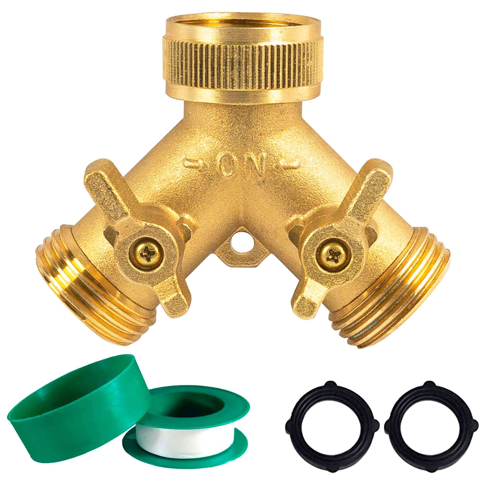 Hourleey Brass Garden Hose Splitter (2 Way), Solid Brass Hose Y Splitter 2 Valves with 2 Extra Rubber Washers (Brass) - Image 1