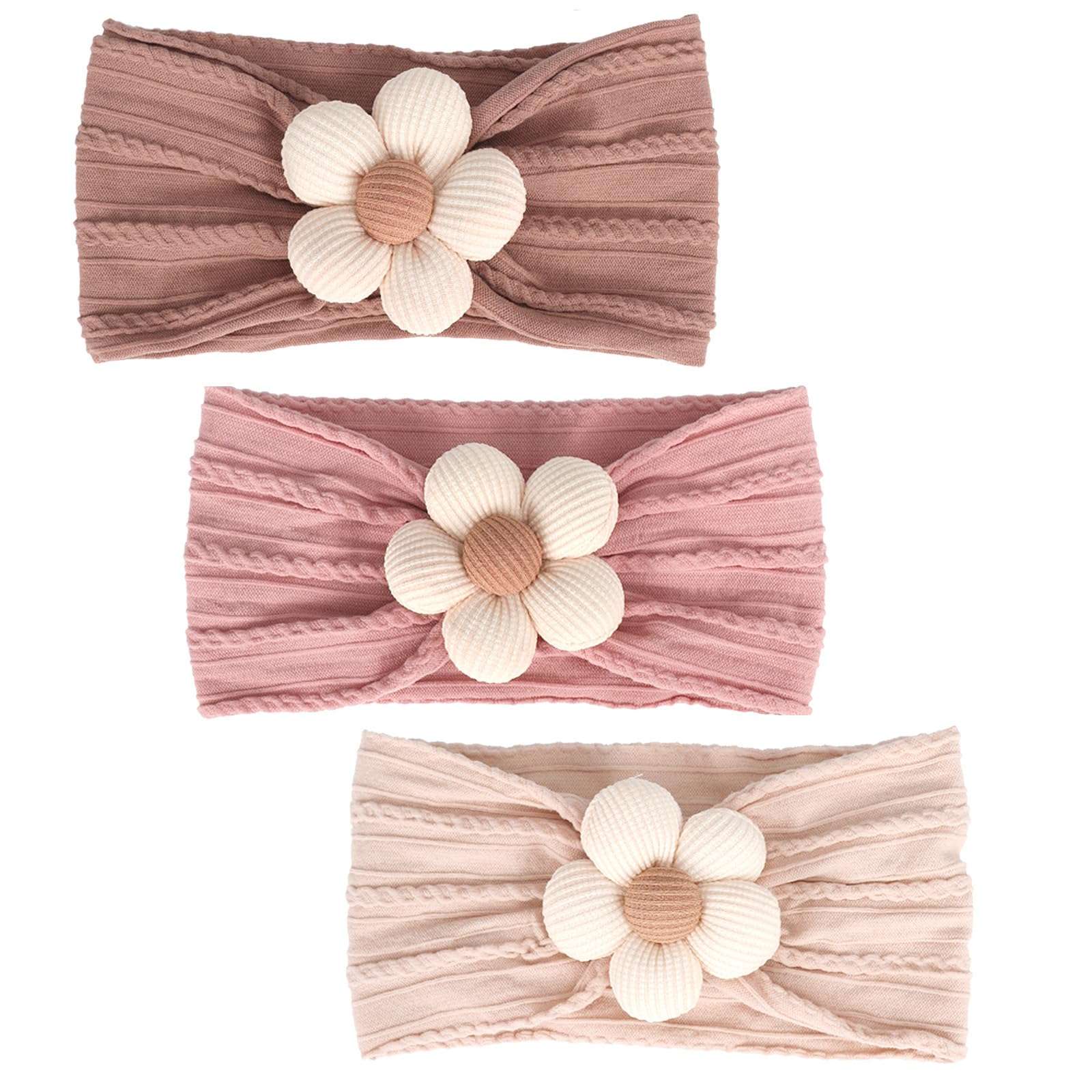 MIUXUESO 3 Pcs Baby Flower Headbands Baby Girls Nylon Headband Soft Hairbands Hair Accessories for Newborn Infant Toddler Kids (Beige Pink Khaki) - Image 1