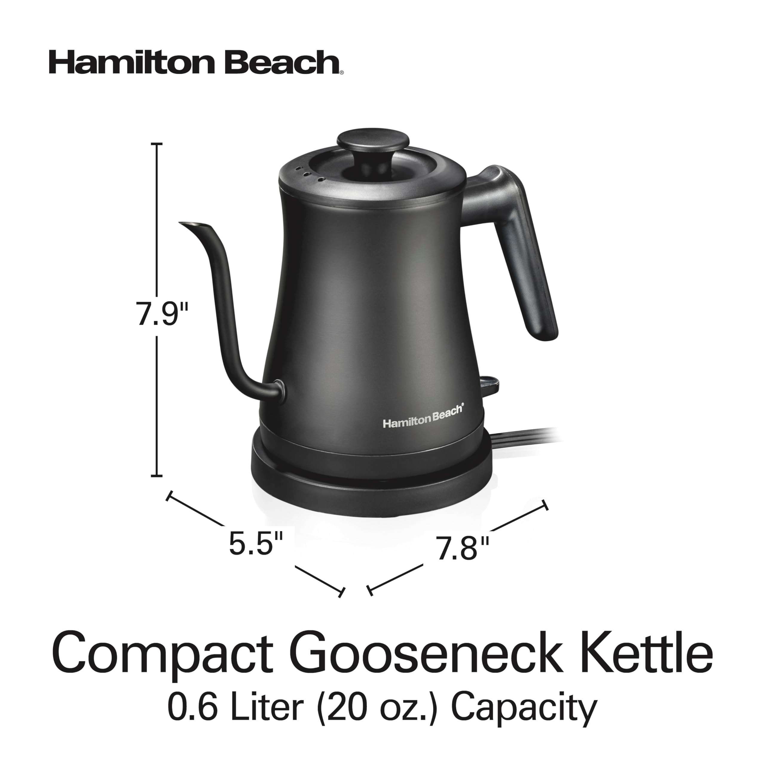 Hamilton Beach Compact 20 oz. / 0.6 Liter Gooseneck Electric Kettle for Boiling Water, Pour Over Coffee, Tea, Ultra Fast Heating With 1200 Watts, Stainless Steel BPA-Free Interior, Black (41045) - Image 2