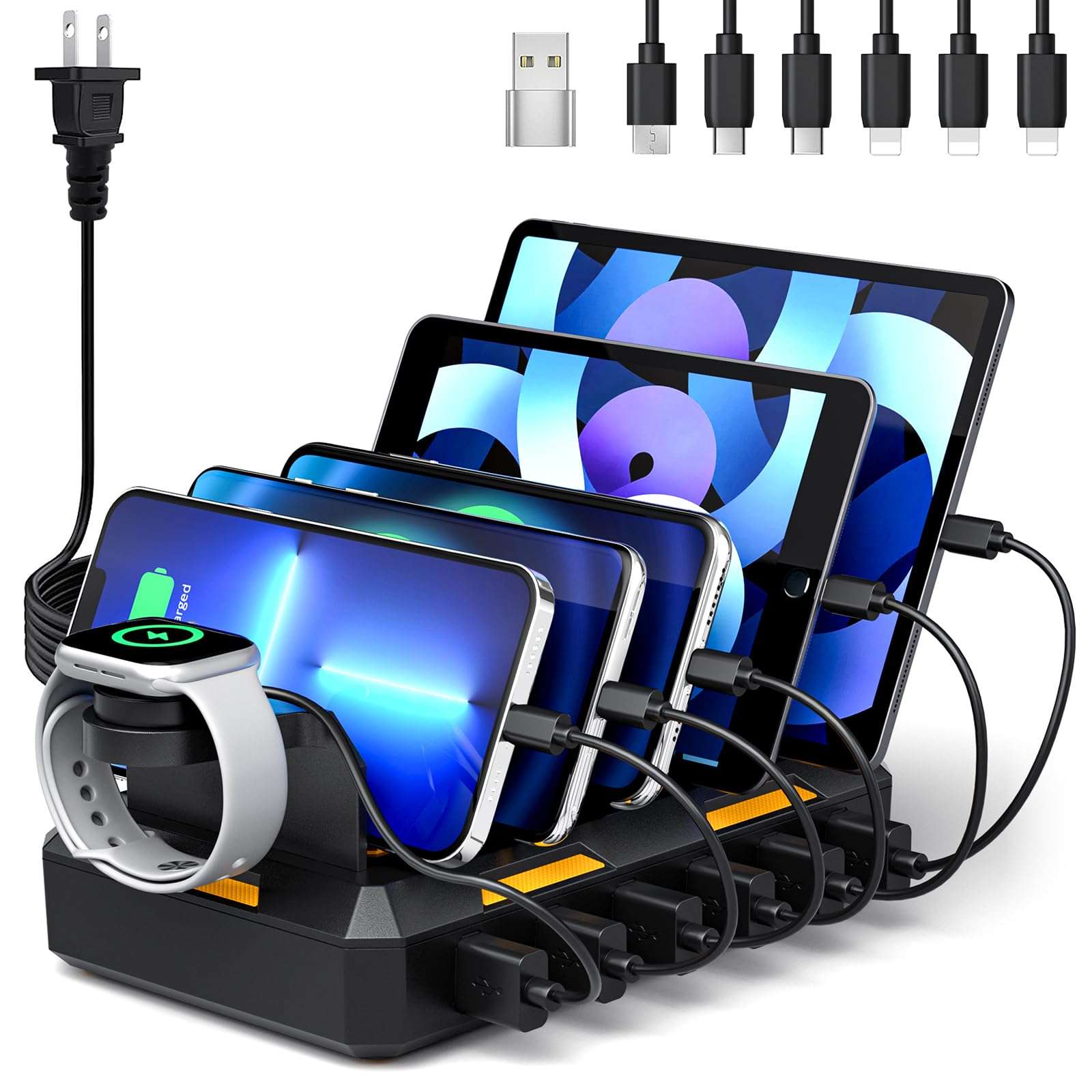 Charging Station for Multiple Devices, Honcila 6 in 1 Multi Charger Station Charging Dock for Cellphone Tablet iPhone iPad and More - 50W Charging Station Organizer with 6 Mixed Charging Cables - Image 1