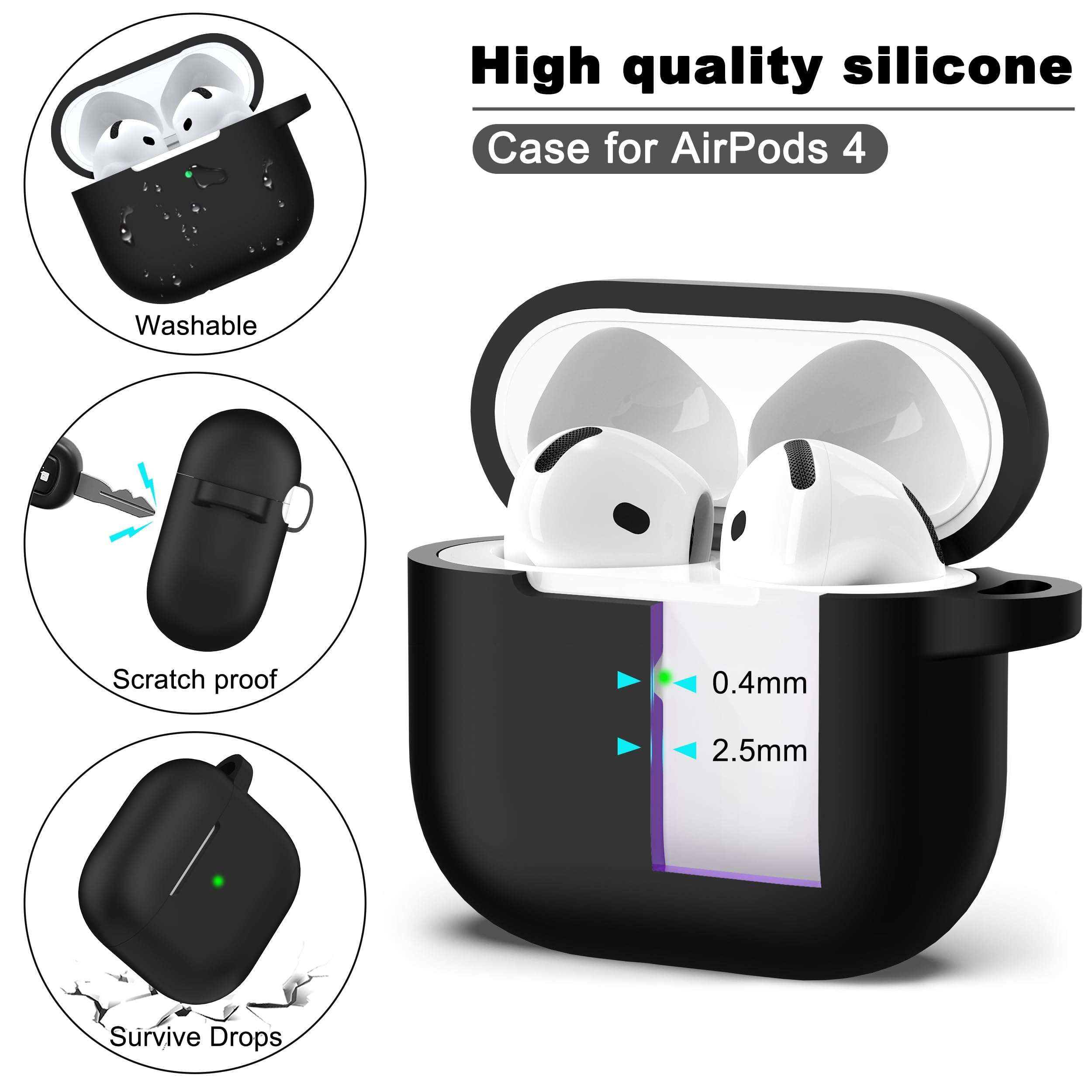 R-fun for AirPods 4 Case with Cleaner Kit,Full Protective Soft Skin Silicone Cover with Keychain for AirPods 4 Gen Case for Men Women,Compatible with Apple AirPods 4th Genaration case 2024,Black - Image 6
