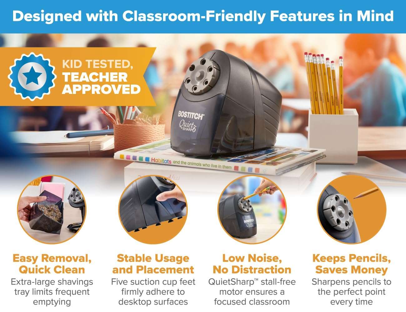 Bostitch Office QuietSharp 6 Electric Pencil Sharpener, Heavy Duty Classroom Sharpener, Size Selector with 6 Different Sizes, Perfect for Classroom and Homeschool Use, Black - Image 6
